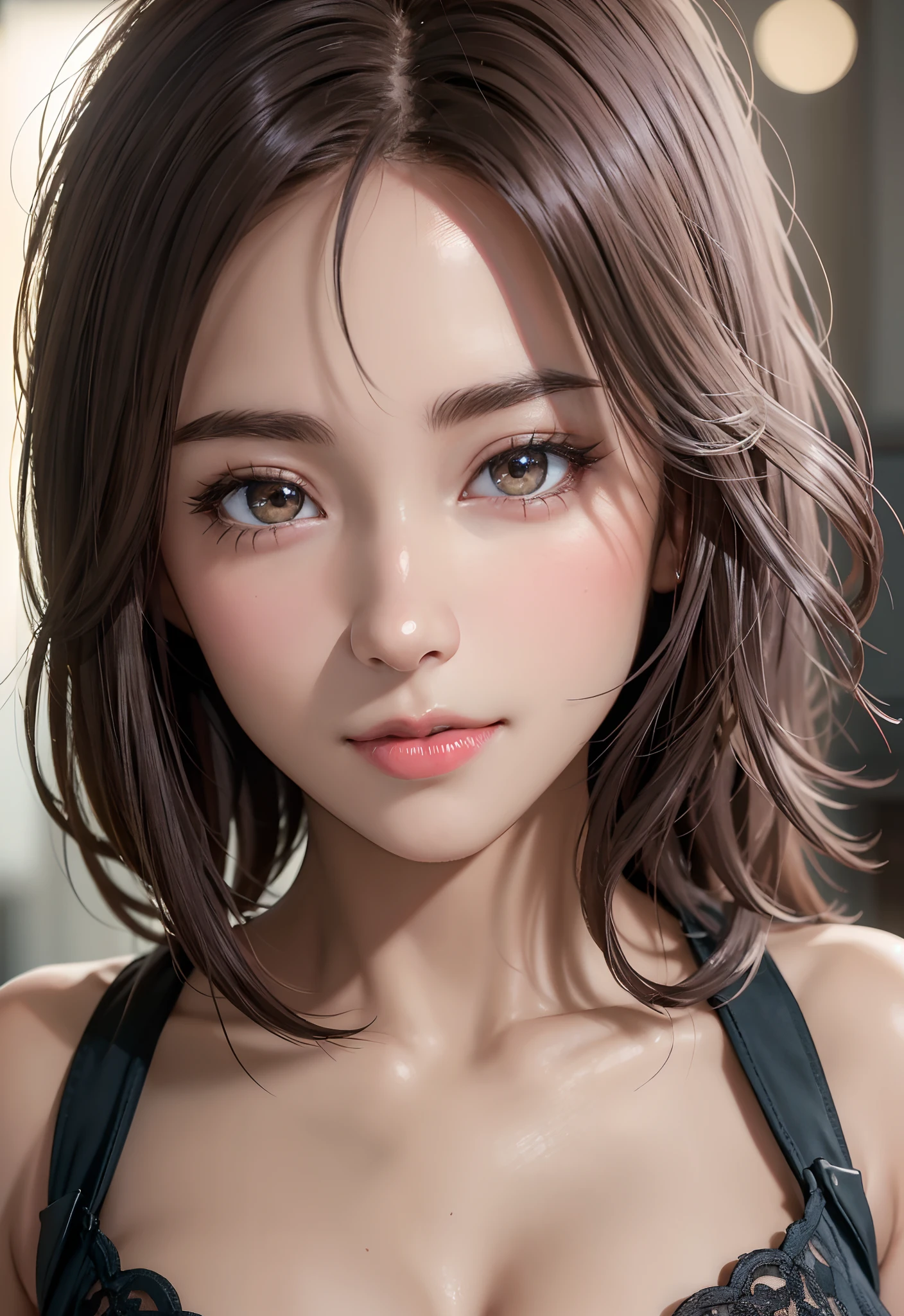 Night, RAW Photography, (((Very Beautiful Portrait))), (Very Beautiful Portrait))), 1 Girl, Sexy 25 Year Old Girl, ((Natural Brown Hair with Short Cuts)), [Brown Eyes],Gentle Smile Staring at the Camera(cleavage), ((Masterpiece, Best Quality, Ultra Detail, Cinematic Lights, Intricate Detail, High Definition, 8k, Very Detailed)), Detail Background, 8k UHD, DSLR, soft lighting, high quality, film grain, fujifilm XT3, shallow depth of field, natural light, perfect face