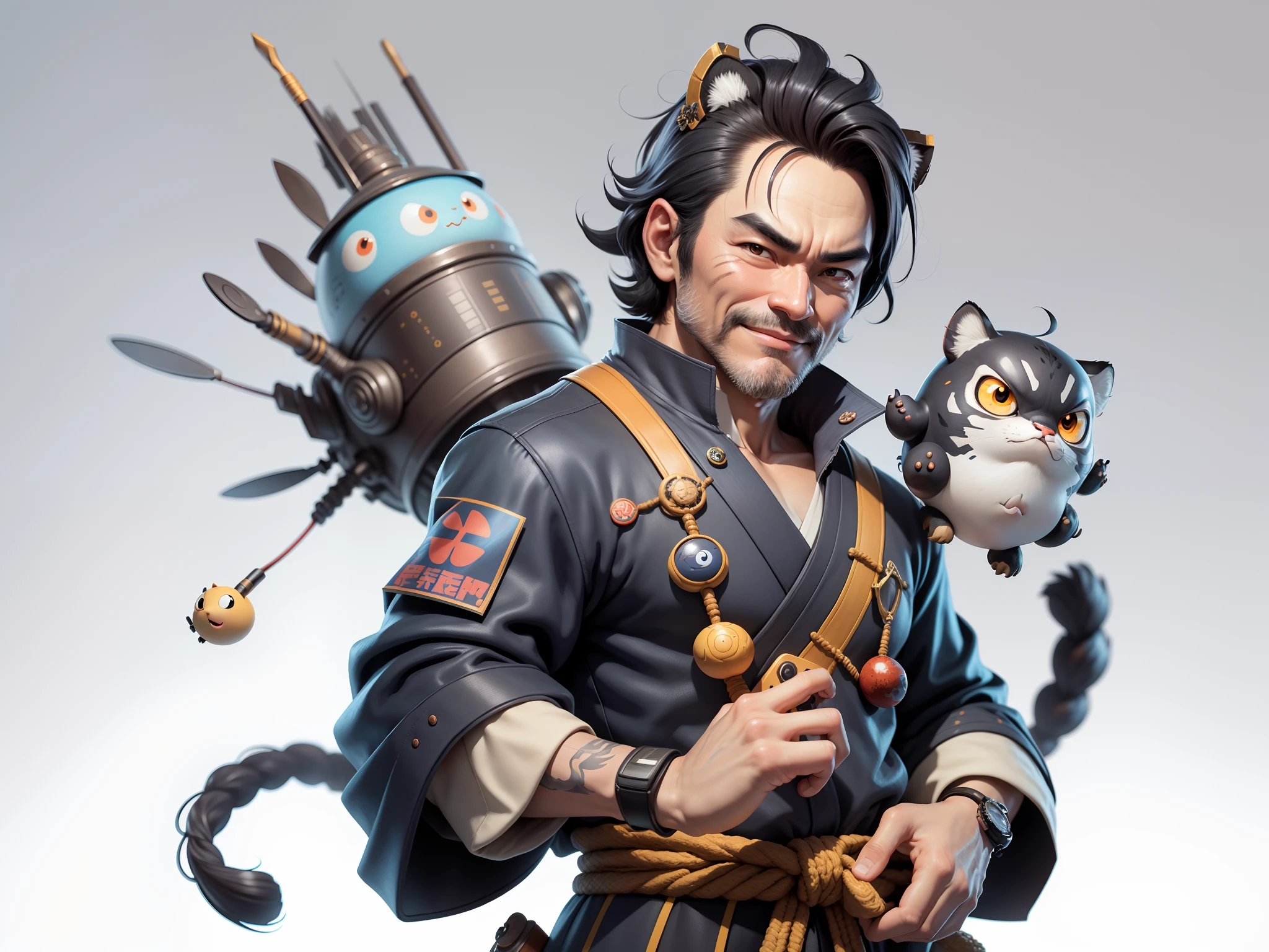 (Daisaku),(Need),(Super meticulous),(full bodyesbian:1.2),Super young man with Japanese geisha，Beautiful，orient，one tiger，Aeolian Thor，Raised sexy，爆乳，Oriental face，TV Anchor，Bust portrait illustration，In black suit，a blue tie，The face is slightly chubby，The face was clean，without a beard，Black super short hair，Black eyes，Smile confidently，3C computer sub-products，iPad， iphone，Digital painting，3D character design by Mark Clairen and Pixar and Hayao Miyazaki and Akira Toriyama，The illustration is a high-definition illustration in 4K resolution，With very detailed facial features and cartoon-style visuals。