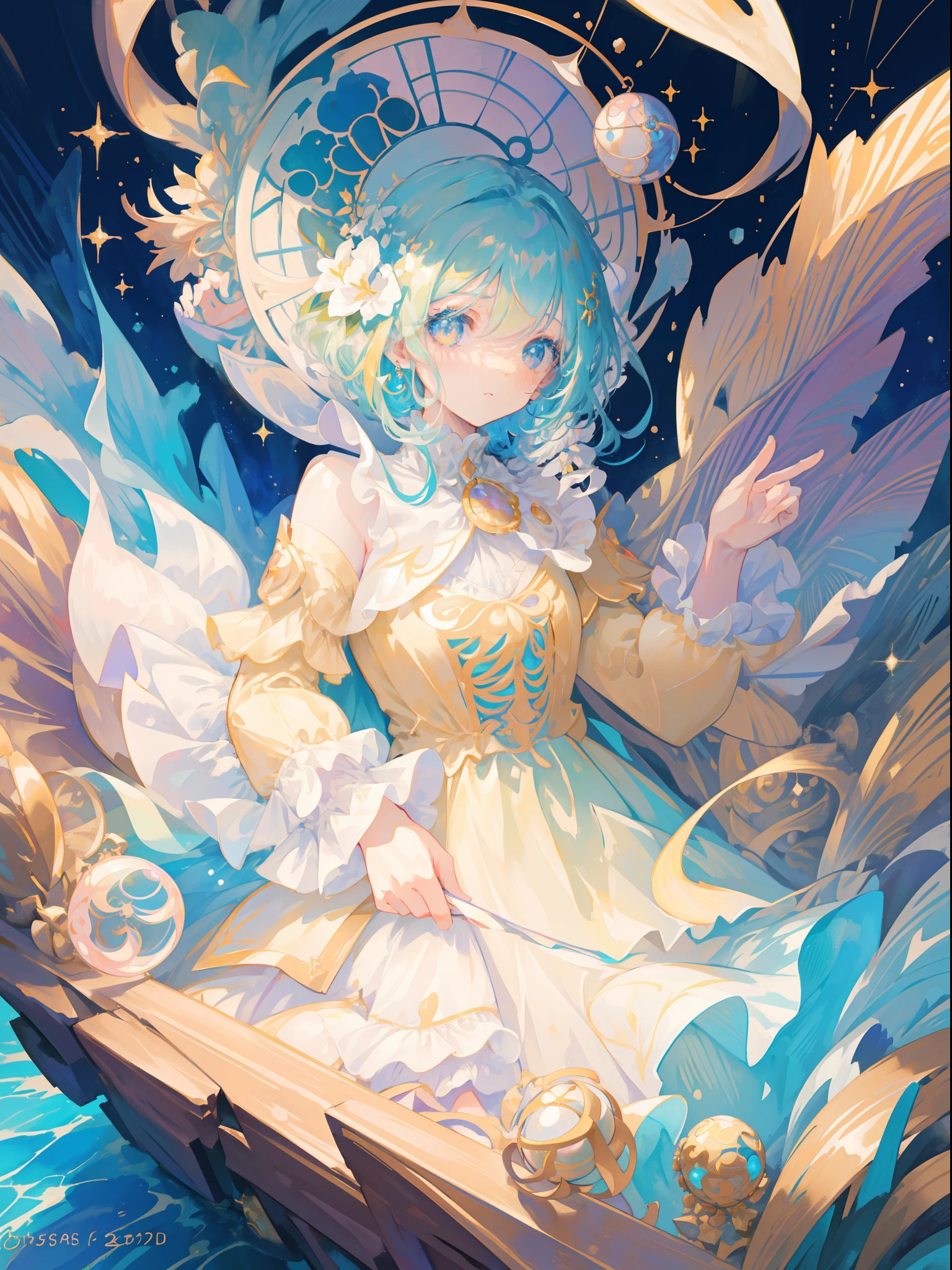 masterpiece, best quality, 8k resolution, sharp focus, intricate detail, beautiful girl, sparkling eyes, golden ratio face, otherworldly liquid, watercolor, pastel colors, bright colors, whimsical, colorful, sharp focus, high resolution, fine detail, ((layered tiered puffy long sleeves ballgown)), ((round eyes)), iridescent bubbles, fantasia background