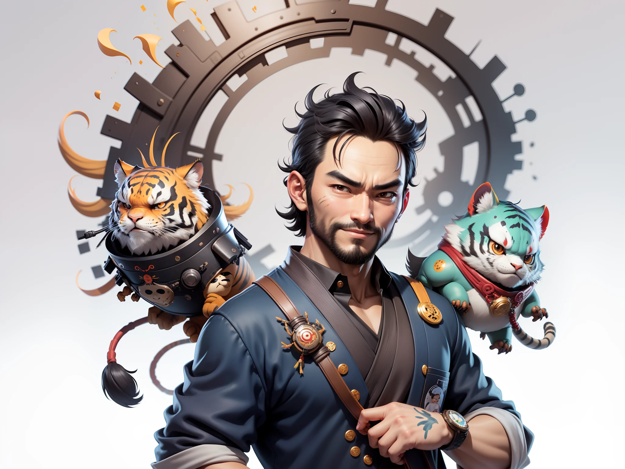 (Daisaku),(Need),(Super meticulous),(full bodyesbian:1.2),Super young man with Japanese geisha，Beautiful，orient，one tiger，Aeolian Thor，Raised sexy，爆乳，Oriental face，TV Anchor，Bust portrait illustration，In black suit，a blue tie，The face is slightly chubby，The face was clean，without a beard，Black super short hair，Black eyes，Smile confidently，3C computer sub-products，iPad， iphone，Digital painting，3D character design by Mark Clairen and Pixar and Hayao Miyazaki and Akira Toriyama，The illustration is a high-definition illustration in 4K resolution，With very detailed facial features and cartoon-style visuals。