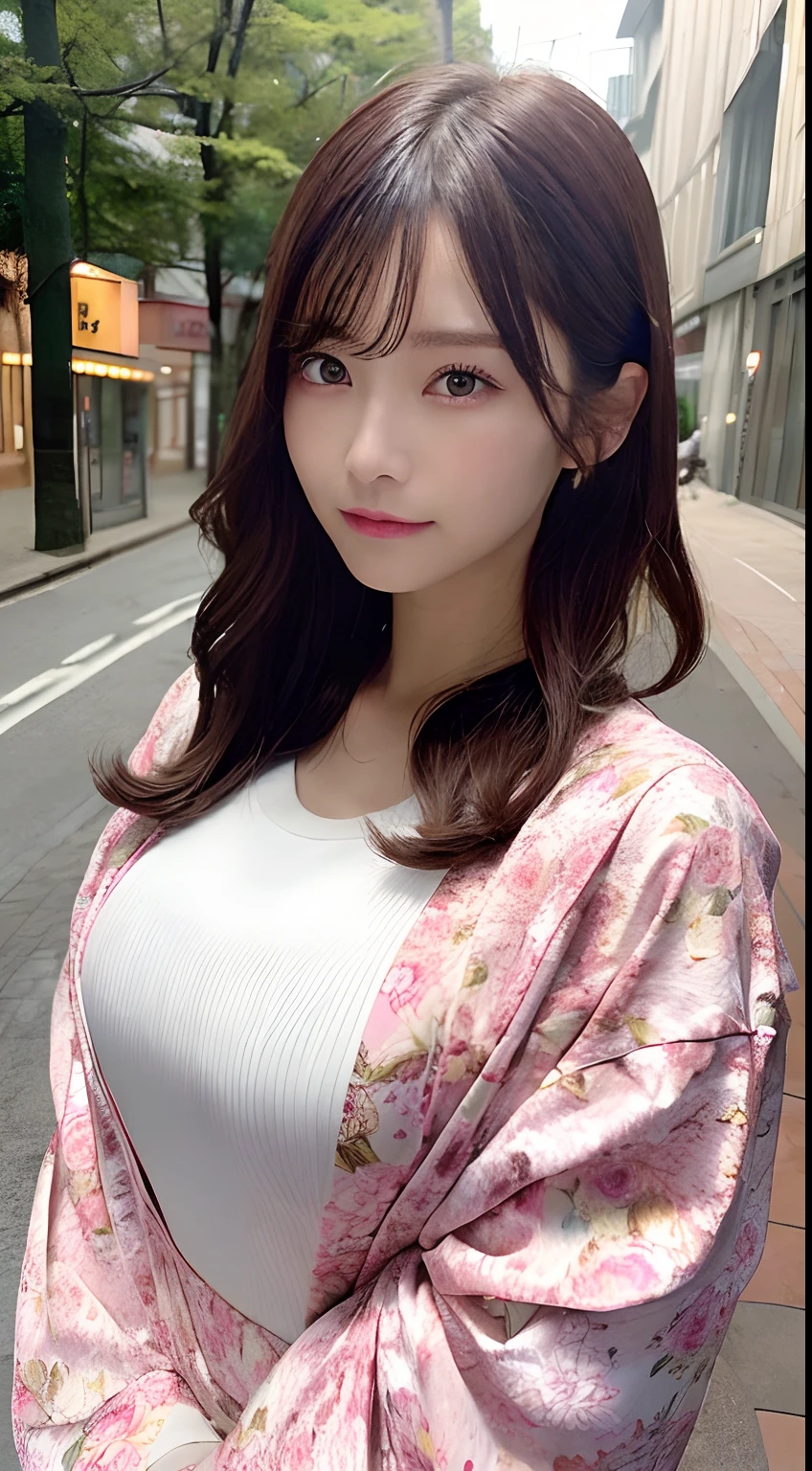 ((top-quality、8k、masterpiece:1.3))、Sharp Focus:1.2、Beautiful Women in Perfect Style:1.4、Slender Abs:1.2、((dark brown hair、huge tit:1.2))、(pink there、、with floral pattern、bathrobe、:1.1)、street:1.2、Highly detailed facial and skin texture、A detailed eye、二重まぶた