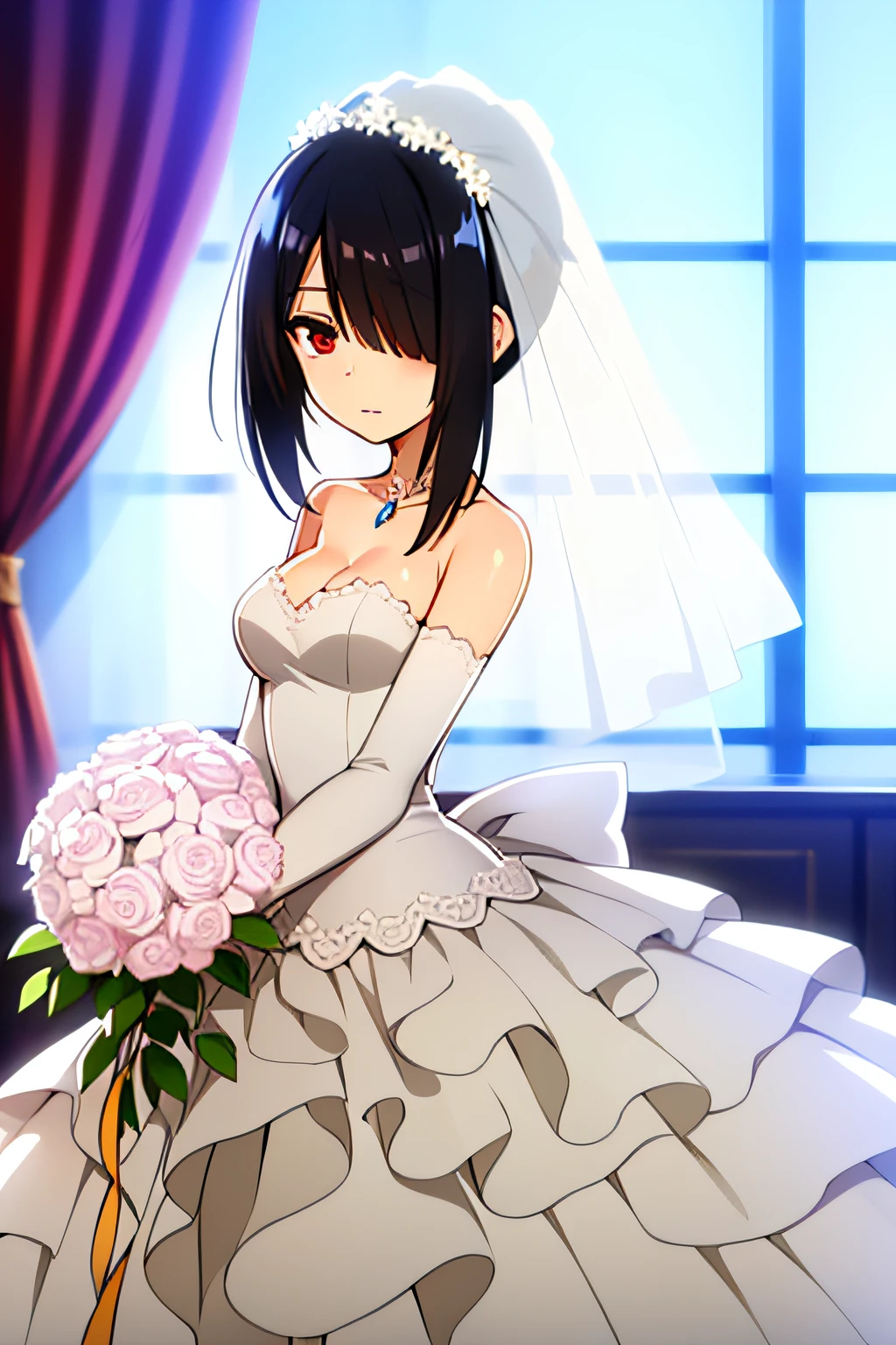 (((Best quality))), ((Ultra-detailed)), ((illustration)), ((Disheveled hair)), ((frilld)), (1 girl),(Solo), choose
bouquet，
flower，
indoors，
window，
rating:safe，
long_dress，
wedding，
wedding_dress，
bride，
veil，
sideways，