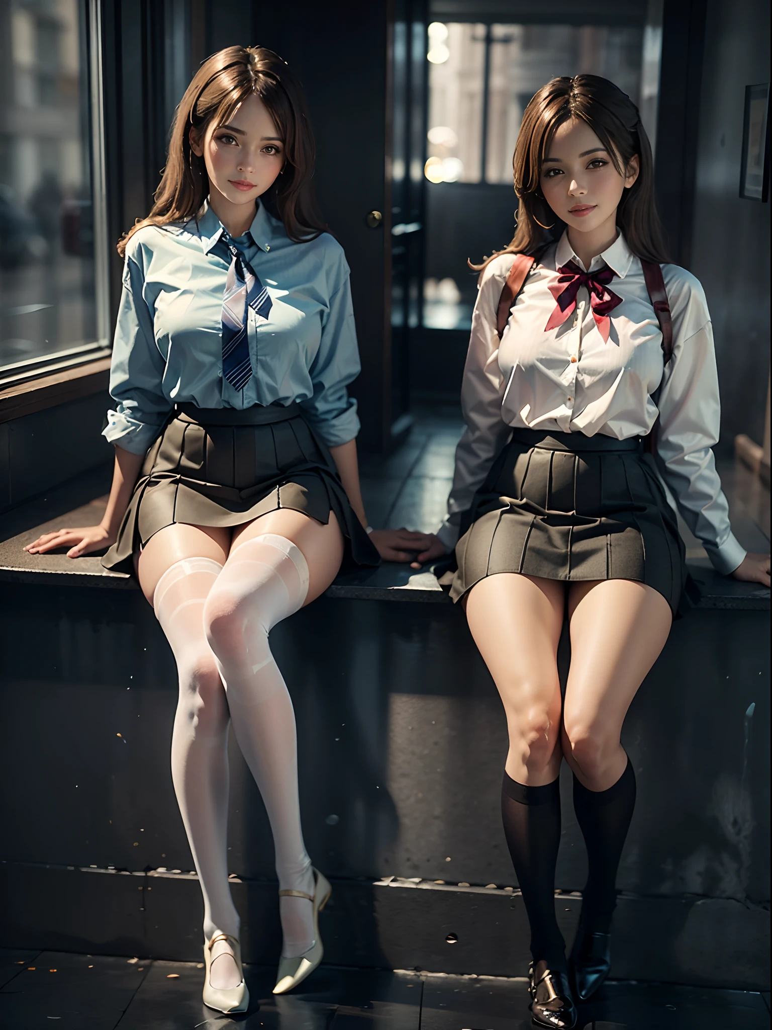Surrealist portraits of women by David Hockney and Alphonse Mucha,2 girls,blur backgroun,blur foreground,Full body photo,brown hair,depth of fields,cparted lips,long whitr hair,orthofacial,tiese,pleatedskirt,校服,The shirt,a skirt,ssmile,streaked,striped tie,white shirt,white stockings,Get wet