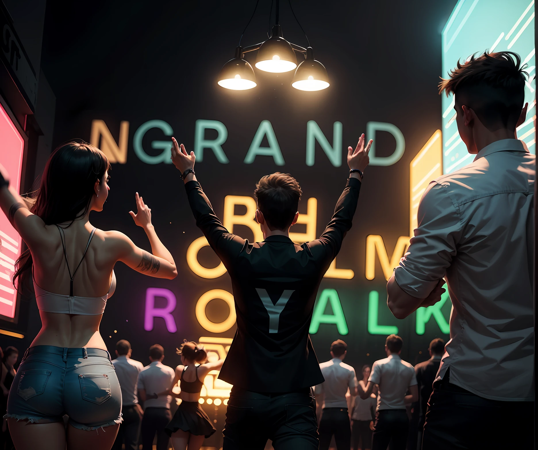 "(3 boys) and (2 girls) dancing energetically at a vibrant neon-lit party, radiating a contagious sense of joy and excitement."
