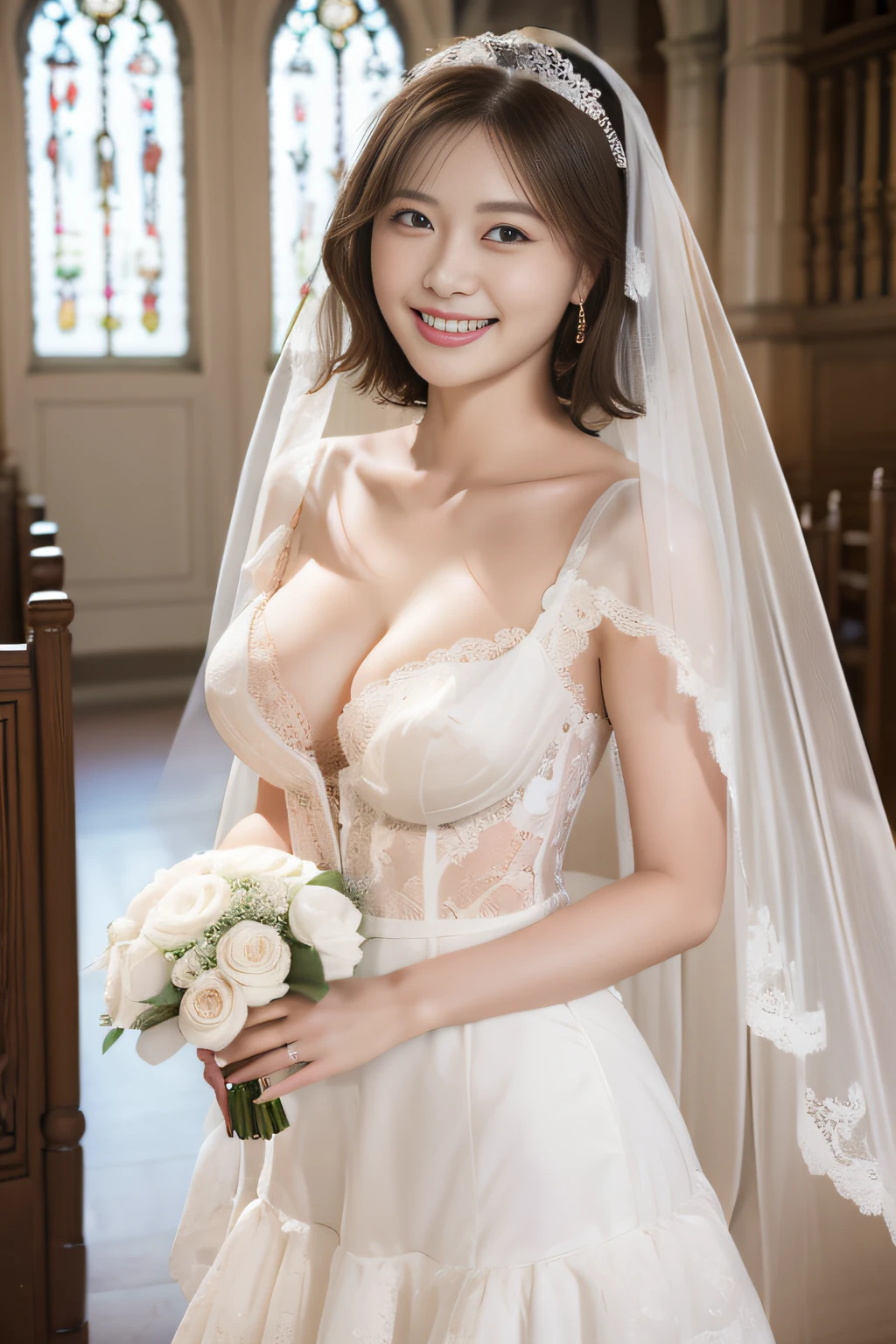 (best quality, masterpiece:1.2), (realistic:1.3), (ultra-detailed background, detailed background), bokeh, highly detailed eyes, double eyelid, ((medium breasts)), ((fantabulistic taut cleavage)), ((spread breast)), ((sexy obscene)), (large pretty areolae:1.2), frilled see-through dress, (lace-trimmed see-through white dress:1.4), bridal tiaras, gorgeous parchment see-through wedding dress, luxury see-through wedding dress, classic see-through wedding dress, show, bridal veil, bridal gauntlets, bridal cascading bouquet, upper body, wedding at church, from above, the skirt spreads round and wide, highly detailed eyes, double eyelid, (smiling adorable beauty:1.3), 1girl, cute, age, posing, smiling, dynamic angle, dynamic pose, (((no panties))), (((no bra))), short hair,