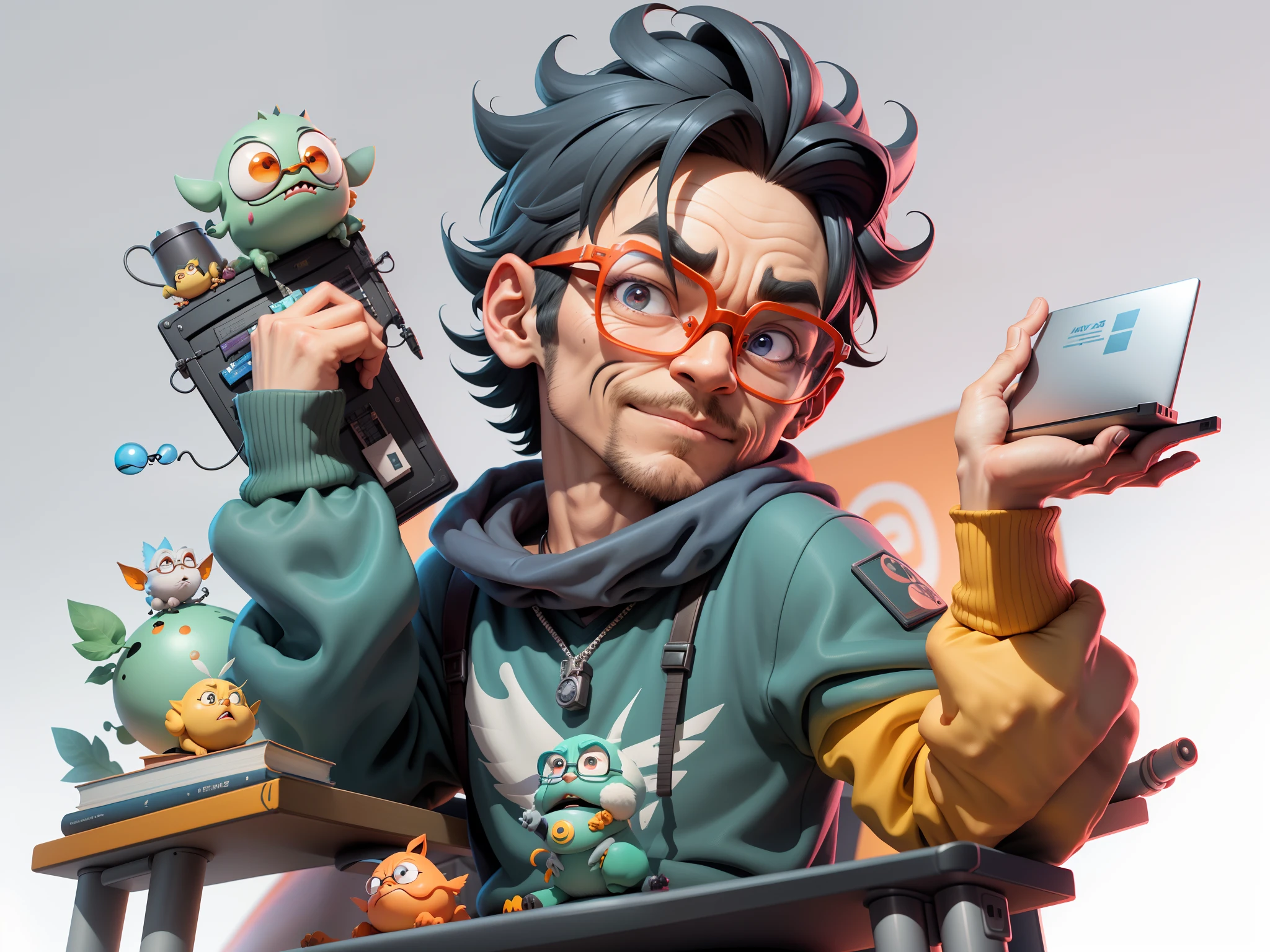 A young man with glasses sits at his desk，holding laptop，digitial painting，3D character design by Mark Clairen and Pixar and Hayao Miyazaki and Akira Toriyama，4K HD illustration，Very detailed facial features and cartoon-style visuals。