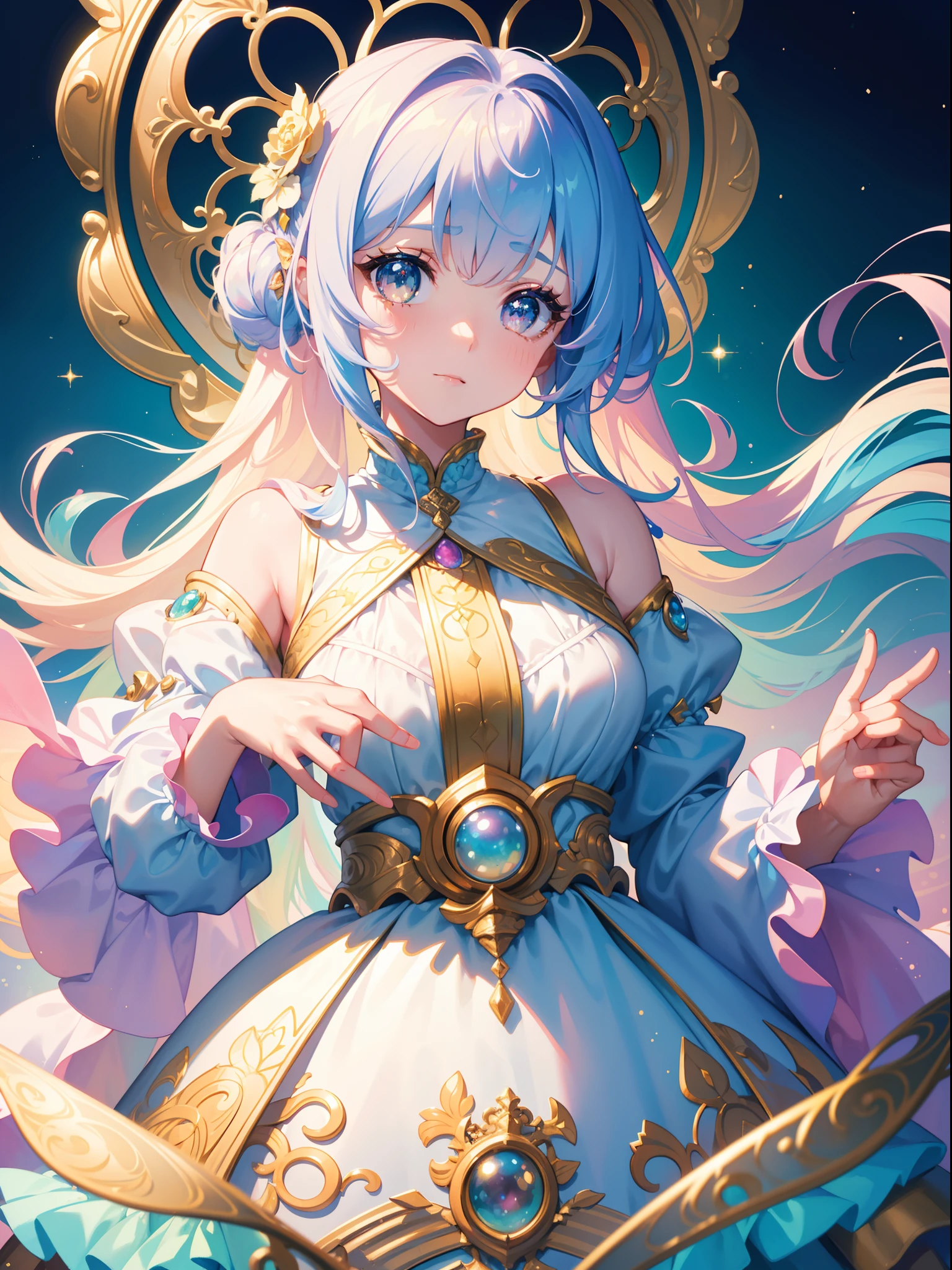 masterpiece, best quality, 8k resolution, sharp focus, intricate detail, beautiful girl, sparkling eyes, golden ratio face, otherworldly liquid, watercolor, pastel colors, bright colors, whimsical, colorful, sharp focus, high resolution, fine detail, ((layered tiered puffy long sleeves ballgown)), ((round eyes)), iridescent bubbles, fantasia background