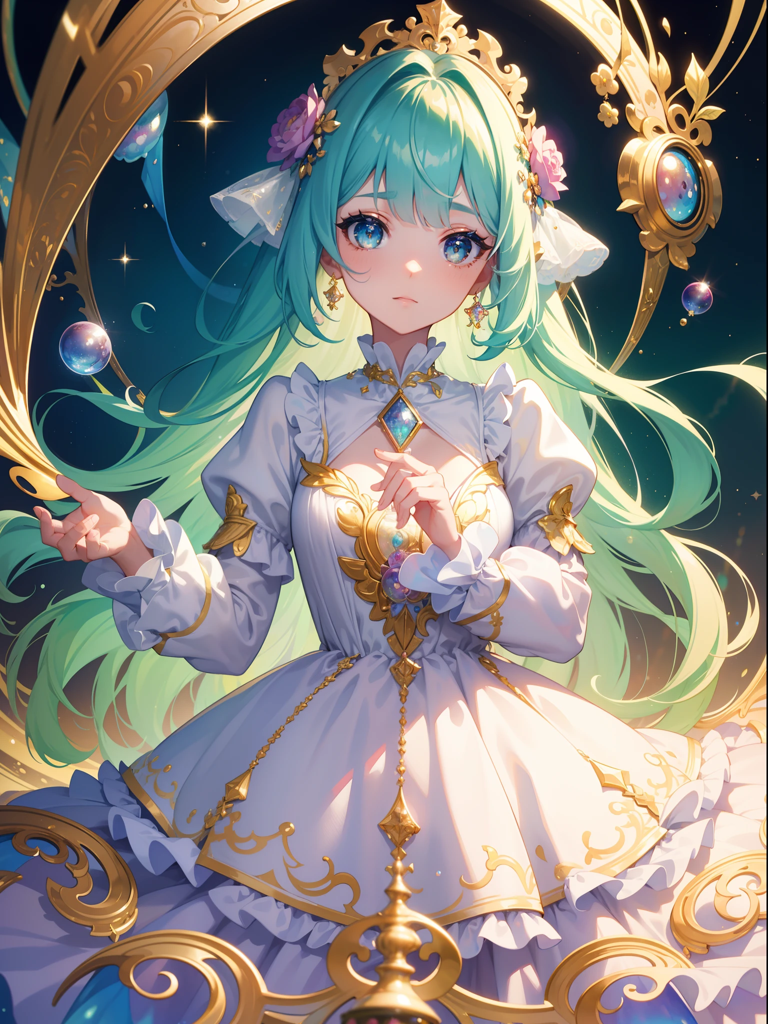 masterpiece, best quality, 8k resolution, sharp focus, intricate detail, beautiful girl, sparkling eyes, golden ratio face, otherworldly liquid, watercolor, pastel colors, bright colors, whimsical, colorful, sharp focus, high resolution, fine detail, ((layered tiered puffy long sleeves ballgown)), ((round eyes)), iridescent bubbles, fantasia background