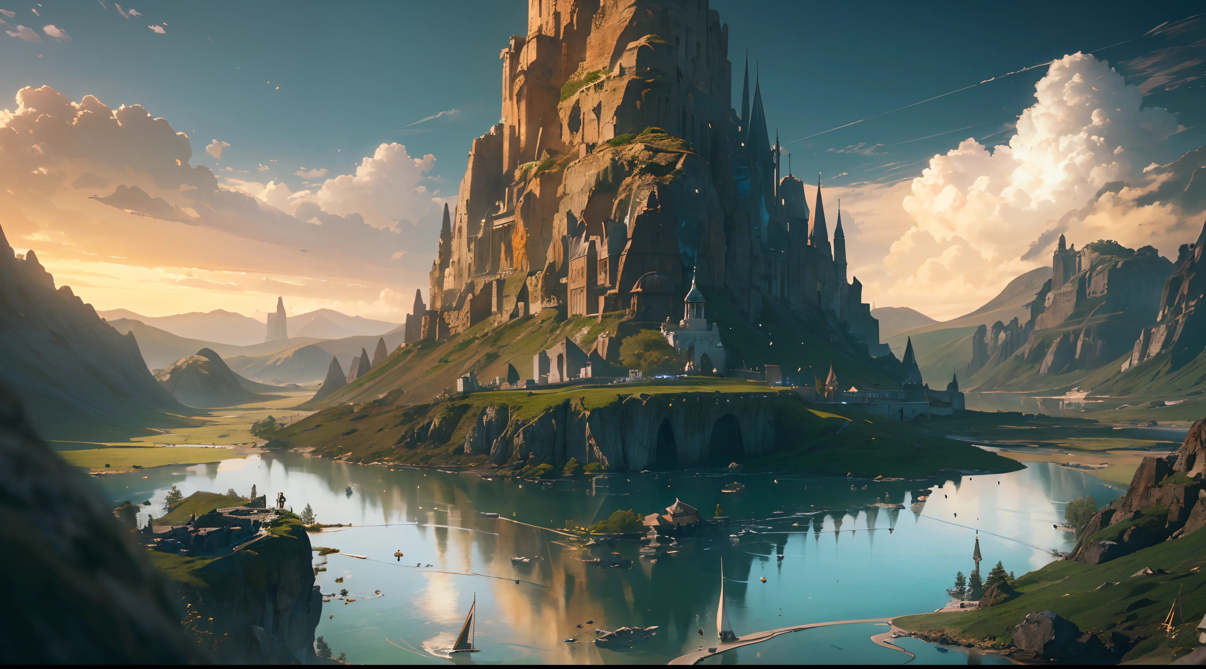 (by Greg Rutkowski: 1.2), (ultra-detailed CG unity 8k wallpaper, masterpiece, best quality, depth of field, HDR, intricate), delicate, Craft a mesmerizing and otherworldly realm, filled with vivid hues, majestic, and enchanting landscapes, (no human), sharp focus, post processing, impressive