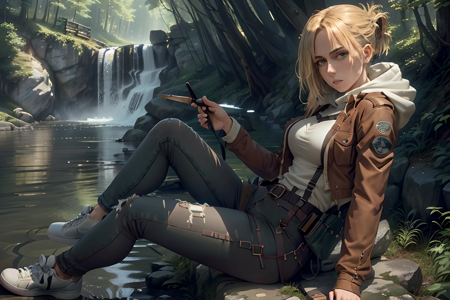 anime girl sitting on a rock holding a knife, forest, waterfall, AnnieAOT, solo, paradis_military_uniform, jacket, open jacket, full length tucked-in pale brown _hooded_undershirt, uniform, military_uniform, white_denim_jeans, dark brown waist harness on jeans, extremely detailed face, forest, river, sneakers, extremely_detailed_white_denim_mid-rise_jeans, pants, petite, dark_brown_waist_harness_on_white_jeans, waist belt, thigh belts, fit glutes, forest location, [[full body]], sneakers, B-cup, holding donut, sneakers, dramatic lighting, Large anime eyes, best quality eyes, sfw, sneakers in river water,