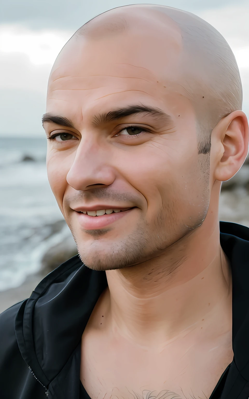 Allard man with bald head and black jacket, portrait close up of guy, smiling male, closeup headshot portrait, Middle-aged man with beautiful face, beautiful male face, Portrait of a bald head, Portrait of a middle-aged Italian man, Lean man with light tan skin, Masculine face, Shave stubble, guillaume tholly, balding，Beardless, Bald man