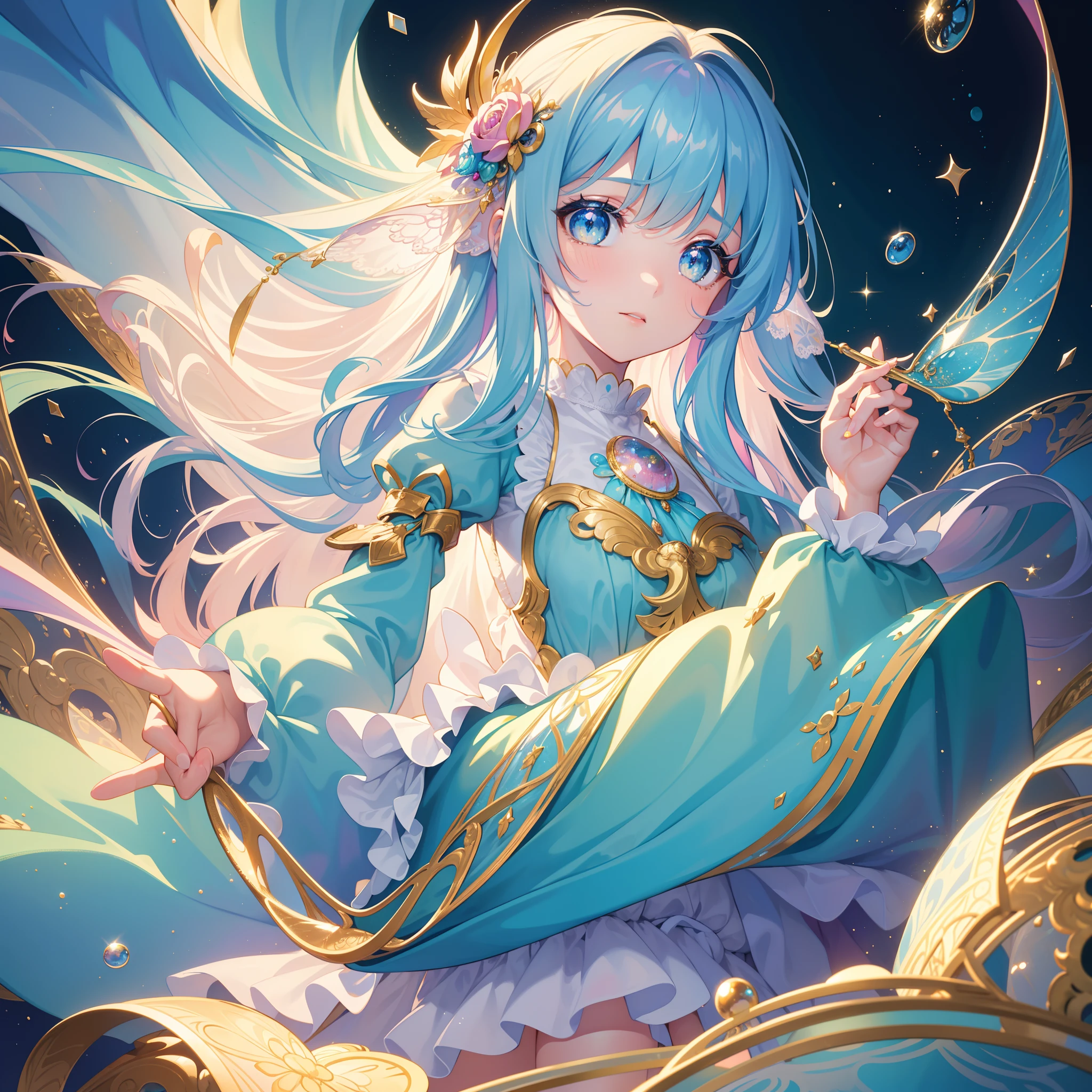 masterpiece, best quality, 8k resolution, sharp focus, intricate detail, beautiful girl, sparkling eyes, golden ratio face, otherworldly liquid, watercolor, pastel colors, bright colors, whimsical, colorful, sharp focus, high resolution, fine detail, ((layered tiered puffy long sleeves ballgown)), ((round eyes)), iridescent bubbles, fantasia background