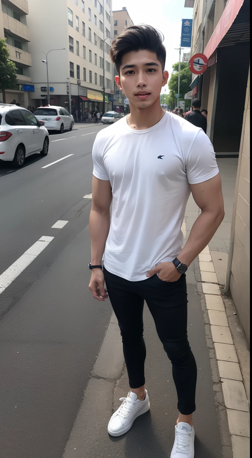 Malay teen boy (fattah amin:1.2) age 23 years old wearing smart casual outfit standing in the busy street, skinny boy, short, handsome, small muscle, dark skin, detail skin texture, realistic skin, white sneakers,