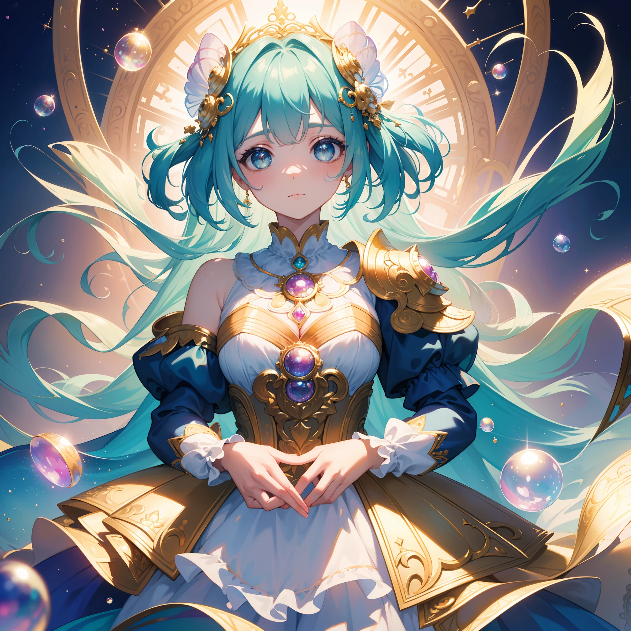masterpiece, best quality, 8k resolution, sharp focus, intricate detail, beautiful girl, sparkling eyes, golden ratio face, otherworldly liquid, watercolor, pastel colors, bright colors, whimsical, colorful, sharp focus, high resolution, fine detail, ((layered tiered puffy long sleeves ballgown)), ((round eyes)), iridescent bubbles, fantasia background