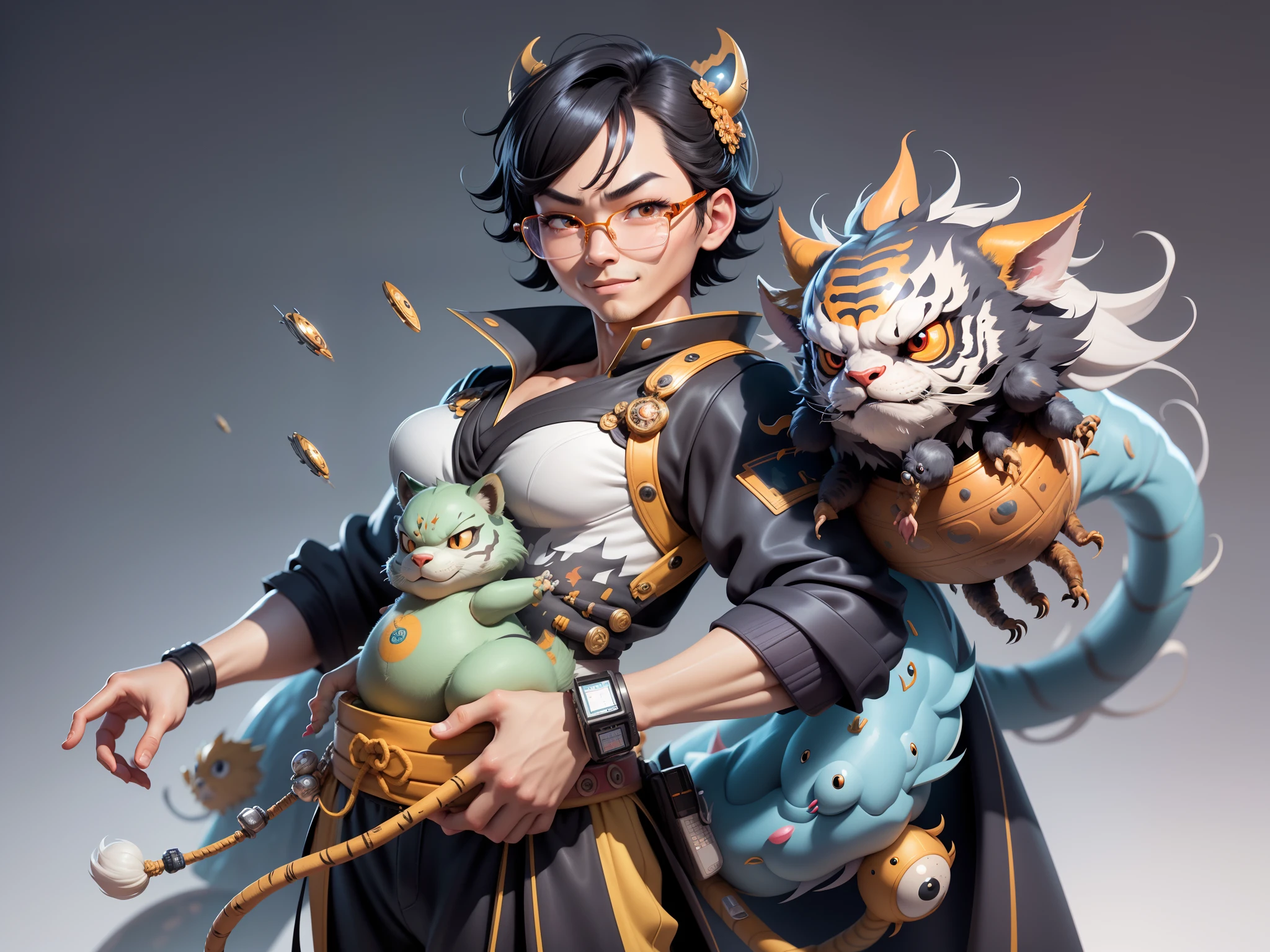 (Masterpiece), (Excellent), (Super Meticulous), (Full Body: 1.2), Super Young Man with Japanese Female Geisha, Pretty, Beautiful, Chinese Dragon, Tiger, Wind God Thor, Sexy, Bursting, Oriental Face, TV Anchor, Bust Portrait Illustration, Black Suit, Blue Tie, Slightly Chubby Face, Silver Glasses, Very Clean Face, No Beard on Chin, Black Super Short Hair, Black Eyes, Confident Smile, 3c Computer Sub-Products, iPad, iPhone, Digital Painting, 3D character design by Mark Clairedon and Pixar and Hayao Miyazaki and Akira Toriyama, the illustrations are HD illustrations in 4K resolution with highly detailed facial features and cartoon-style visuals.