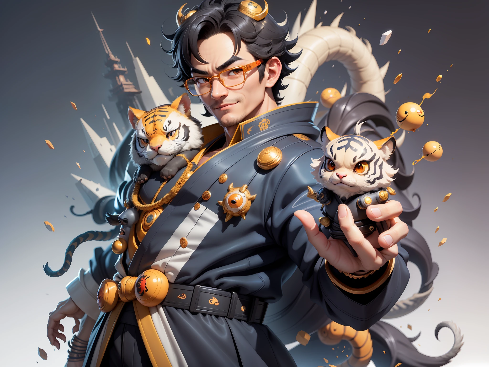 (Masterpiece), (Excellent), (Super Meticulous), (Full Body: 1.2), Super Young Man with Japanese Female Geisha, Pretty, Beautiful, Chinese Dragon, Tiger, Wind God Thor, Sexy, Bursting, Oriental Face, TV Anchor, Bust Portrait Illustration, Black Suit, Blue Tie, Slightly Chubby Face, Silver Glasses, Very Clean Face, No Beard on Chin, Black Super Short Hair, Black Eyes, Confident Smile, 3c Computer Sub-Products, iPad, iPhone, Digital Painting, 3D character design by Mark Clairedon and Pixar and Hayao Miyazaki and Akira Toriyama, the illustrations are HD illustrations in 4K resolution with highly detailed facial features and cartoon-style visuals.