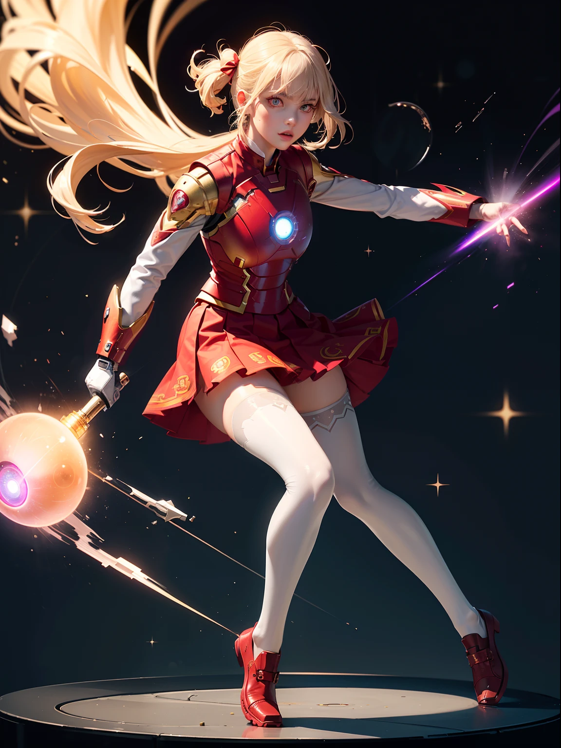 (full body:1.5)，(1girl:1.3),(looking at viewer:1.4)，(anatomy correct:1.3),(Wearing Iron Man style female mage set JK uniform printed Ultra short pleated skirt and JK uniform leather shoes with bow decoration ，and Very thick Printed Lolita Pantyhose :1.35), (Light particle effect:1.3),(In pink | amarelo | blue colors| green color |red colors | white colors| black in color| purpleish color| greys| Beige| Flesh color 1.4)，(Glowing eyes:1.3),(Large amplitude action: 1.3)，(Accurate and perfect face:1.4),(Clothing Gloss:1.25),(Skin reflection:1.25),hyper HD, Ray traching, reflective light，structurally correct, Award-Awarded, high detal, lightand shade contrast, Face lighting，cinmatic lighting, tmasterpiece, super detailing, high high quality, high detal, best qualityer, 16k，high contrast,