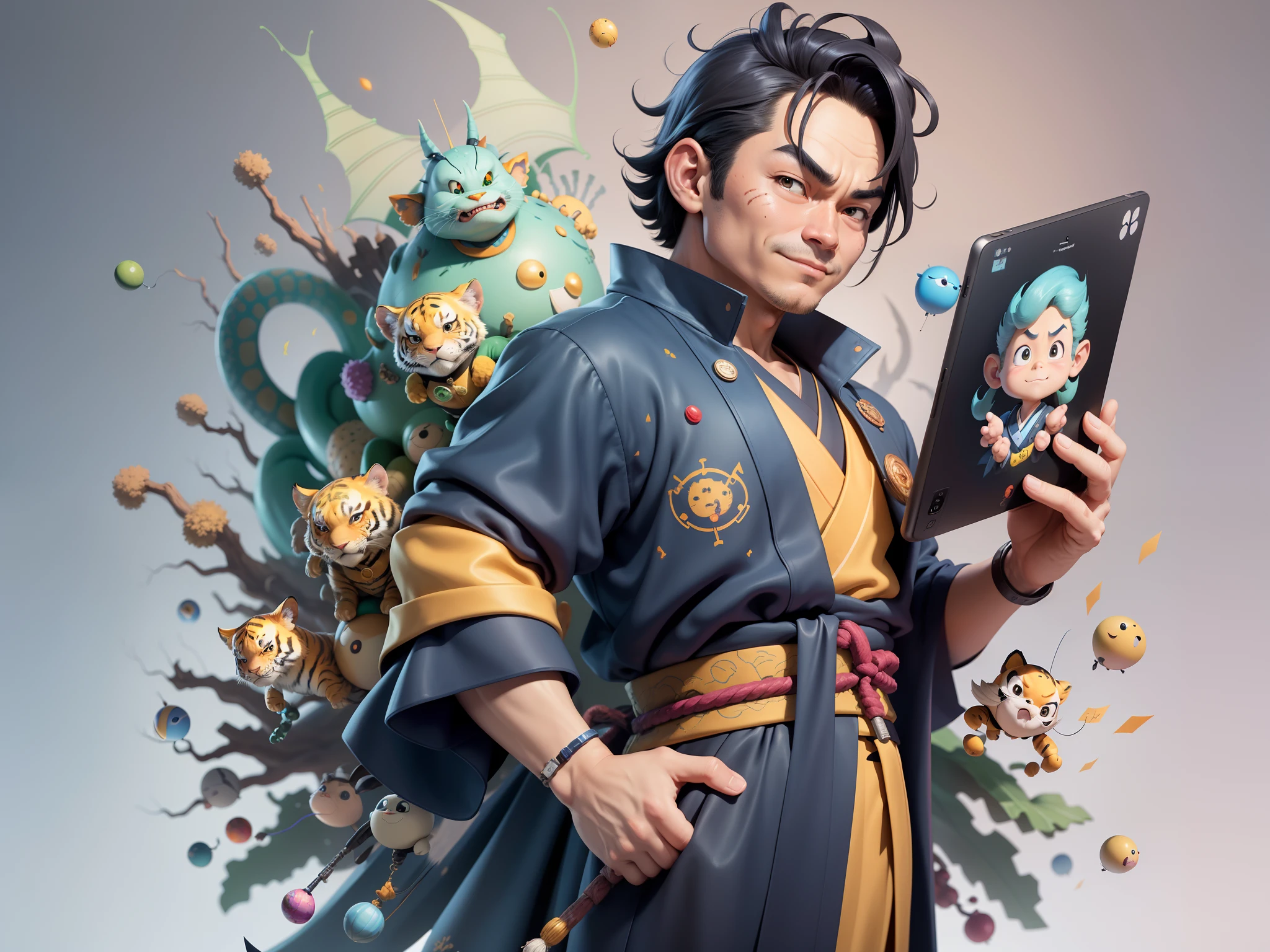 (Masterpiece), (Excellent), (Super Meticulous), (Full Body: 1.2), Super Young Man, Oriental Face, Japanese Kimono, Japanese Wind Thunder God, Dragon, Tiger, TV Anchor, Bust Portrait Illustration, Alone, Black Suit, Blue Tie, Slightly Chubby Face, Very Clean Face, No Beard, Black Super Short Hair, Black Eyes, Confident Smile, 3c Computer Sub-Products, iPad, iPhone, Digital Painting, 3D Character Design by Akira Toriyama and Mark Claireden and Pixar and Hayao Miyazaki, The illustration is a high-definition illustration in 4K resolution with very detailed facial features and cartoon-style visuals.