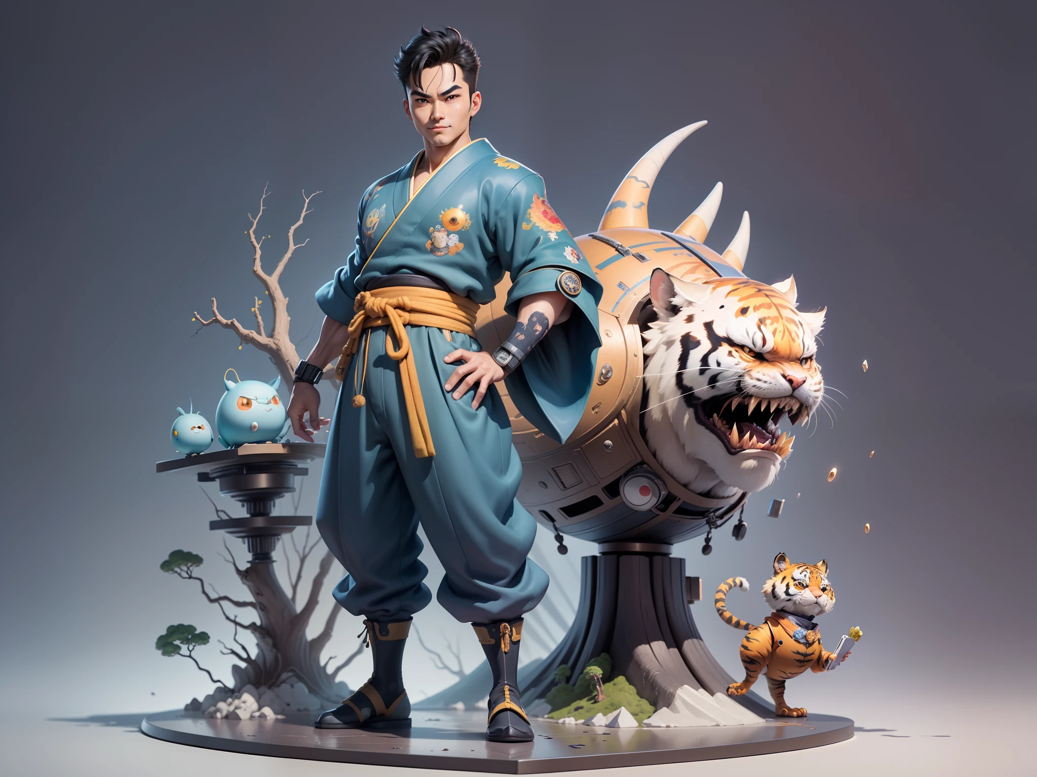 (Masterpiece), (Excellent), (Super Meticulous), (Full Body: 1.2), Super Young Man, Oriental Face, Japanese Kimono, Japanese Wind Thunder God, Dragon, Tiger, TV Anchor, Bust Portrait Illustration, Alone, Black Suit, Blue Tie, Slightly Chubby Face, Very Clean Face, No Beard, Black Super Short Hair, Black Eyes, Confident Smile, 3c Computer Sub-Products, iPad, iPhone, Digital Painting, 3D Character Design by Akira Toriyama and Mark Claireden and Pixar and Hayao Miyazaki, The illustration is a high-definition illustration in 4K resolution with very detailed facial features and cartoon-style visuals.