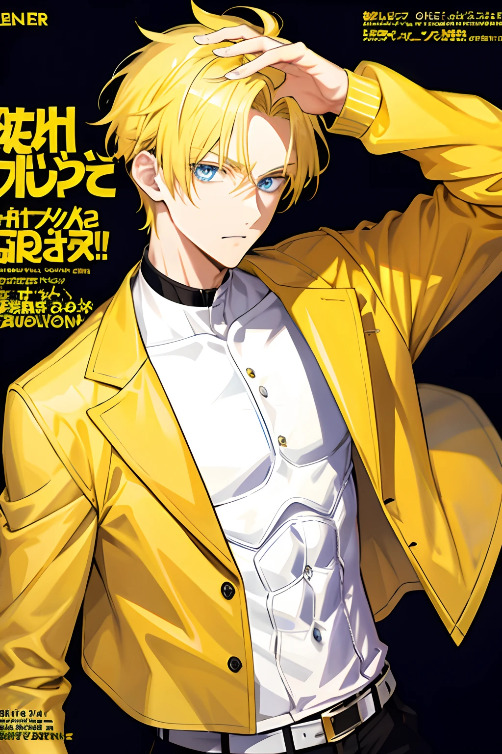 1 boy,cool guy,Yellow-haired,comma hair,Forehead comma hair,Street style,Shiny,eBlue eyes,looking at viewert,The upper part of the body,MagazineCover,Abs
