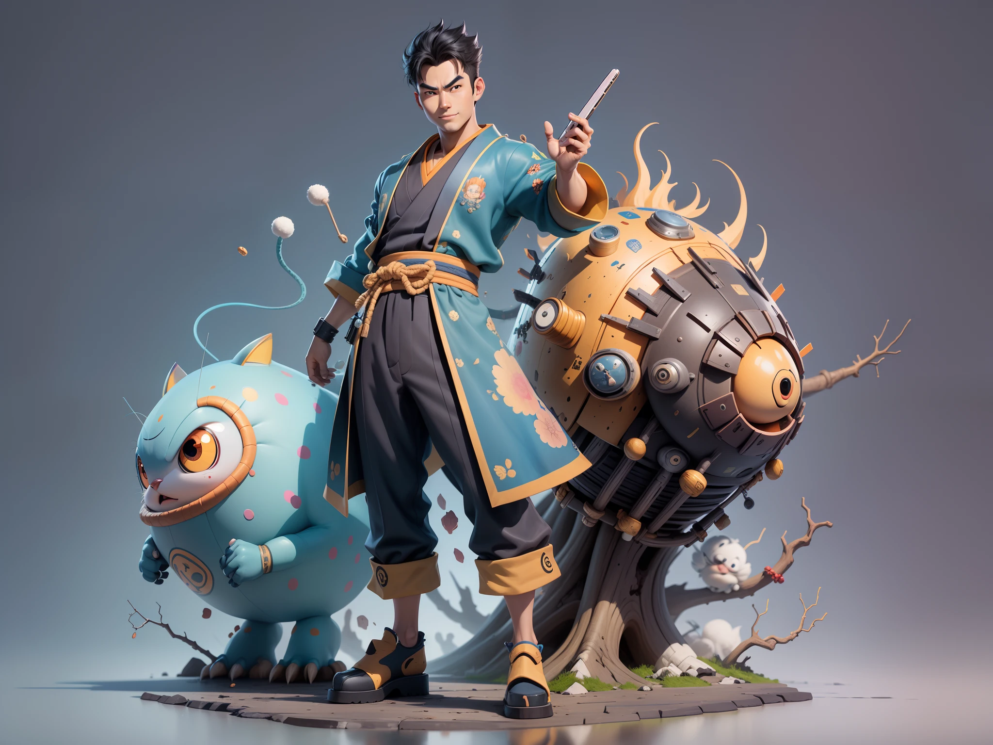 (Masterpiece), (Excellent), (Super Meticulous), (Full Body: 1.2), Super Young Man, Oriental Face, Japanese Kimono, Japanese Wind Thunder God, Dragon, Tiger, TV Anchor, Bust Portrait Illustration, Alone, Black Suit, Blue Tie, Slightly Chubby Face, Very Clean Face, No Beard, Black Super Short Hair, Black Eyes, Confident Smile, 3c Computer Sub-Products, iPad, iPhone, Digital Painting, 3D Character Design by Akira Toriyama and Mark Claireden and Pixar and Hayao Miyazaki, The illustration is a high-definition illustration in 4K resolution with very detailed facial features and cartoon-style visuals.