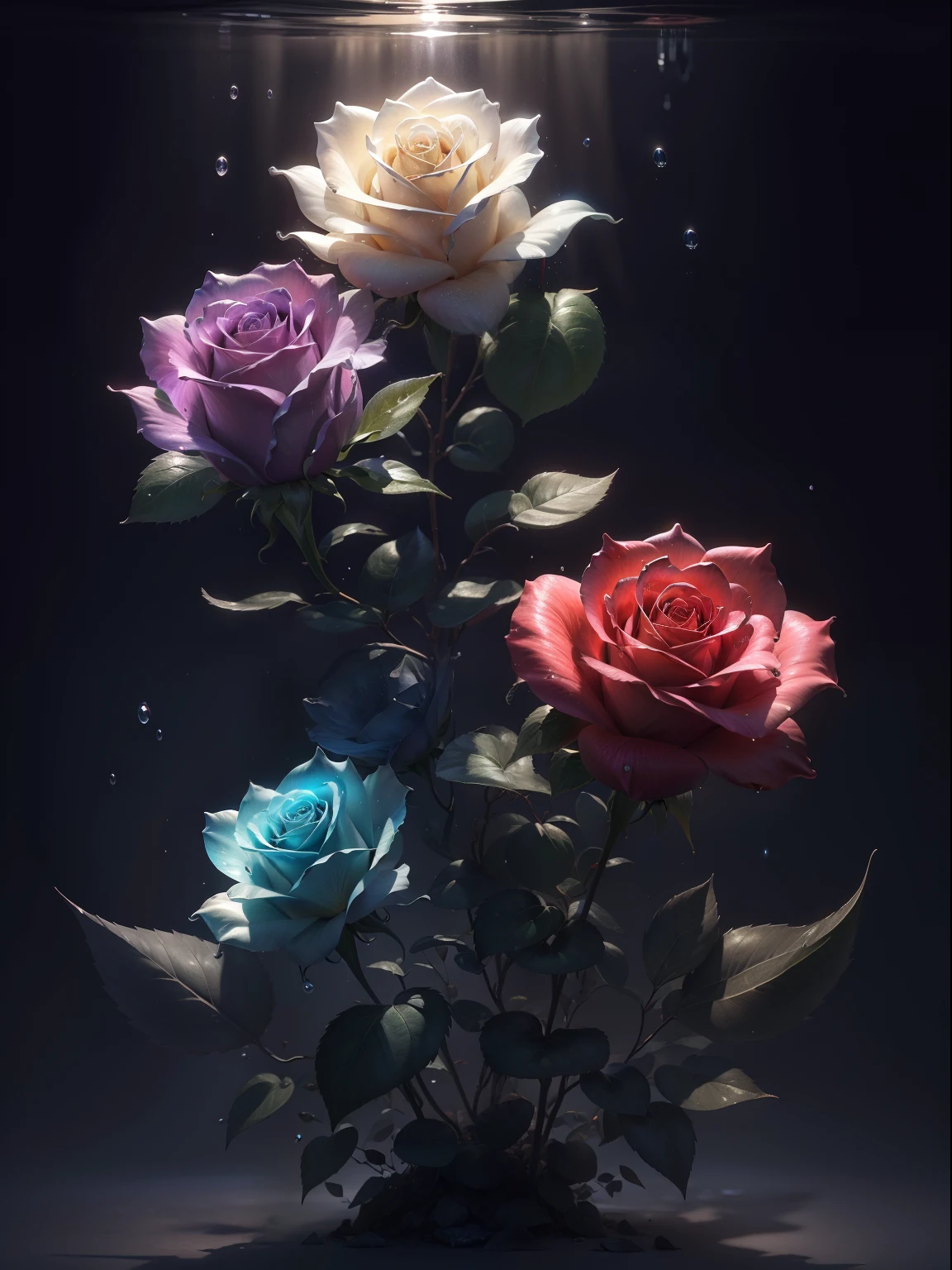 ((A rose flower)), super transparent, Holy Light, beautiful spectral light, petals glow, flashes, Dark background, drops of transparent light, reflective light, Bright, light streaming in, optics, Sharp Focus, Magical, Convoluted, A hyper-realistic, Fantasy composition, light, Trending in art stations, pearls, patronus cloud of silvery vapor, corrosive enveloping ray family, 8K, ureal ar 23v4 uplight