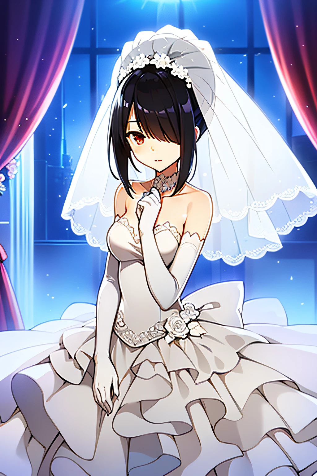 (((Best quality))), ((Ultra-detailed)), ((illustration)), ((Disheveled hair)), ((frilld)), (1 girl),(Solo), choose
Rating:safe,
Long_dress,
Wedding,
Wedding_dress,
Bride,
light yarn,
Sideways,