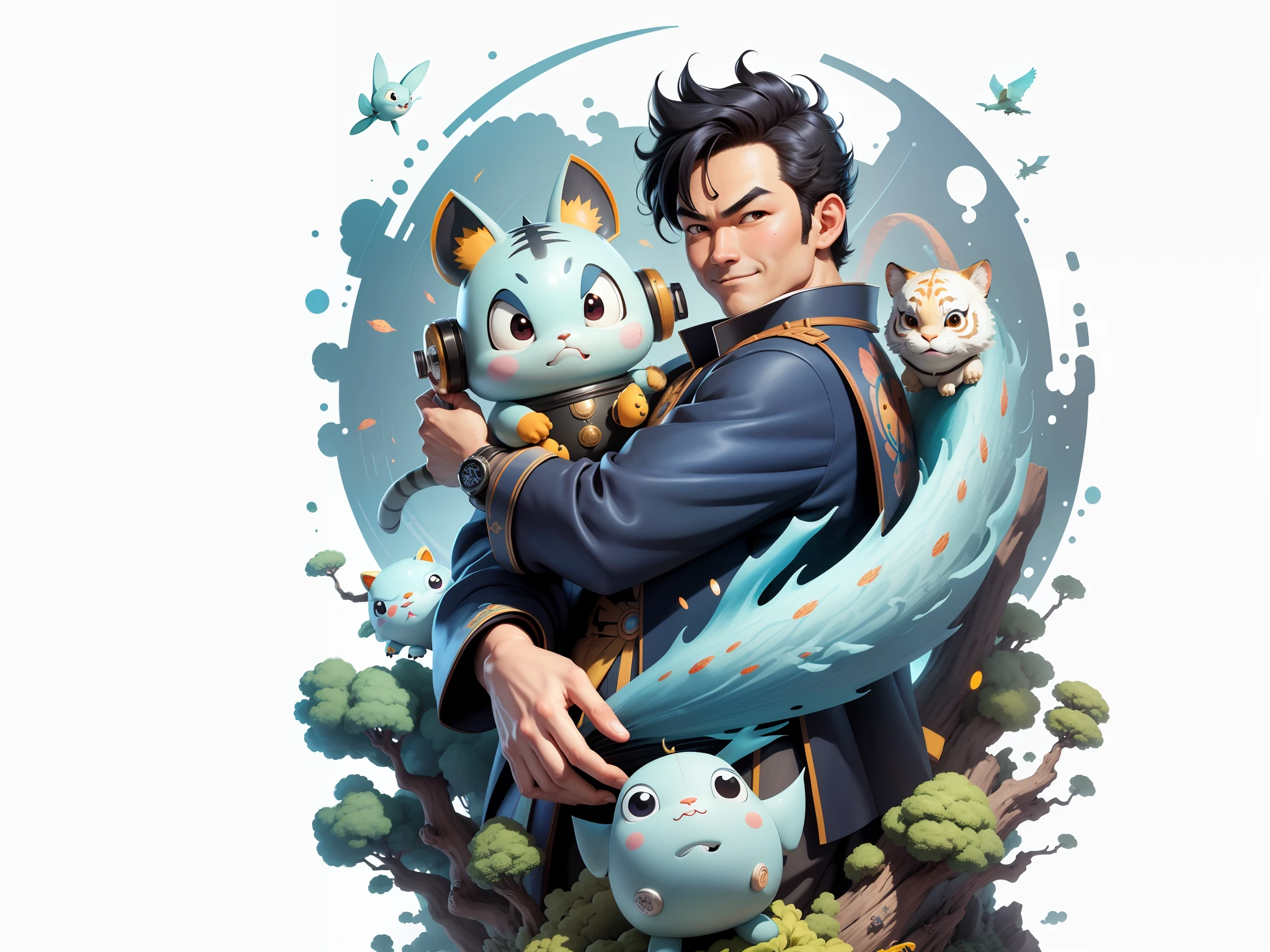 (Masterpiece), (Excellent), (Super Meticulous), (Full Body: 1.2), Super Young Man, Oriental Face, Japanese Kimono, Japanese Wind Thunder God, Dragon, Tiger, TV Anchor, Bust Portrait Illustration, Alone, Black Suit, Blue Tie, Slightly Chubby Face, Very Clean Face, No Beard, Black Super Short Hair, Black Eyes, Confident Smile, 3c Computer Sub-Products, iPad, iPhone, Digital Painting, 3D Character Design by Akira Toriyama and Mark Claireden and Pixar and Hayao Miyazaki, The illustration is a high-definition illustration in 4K resolution with very detailed facial features and cartoon-style visuals.