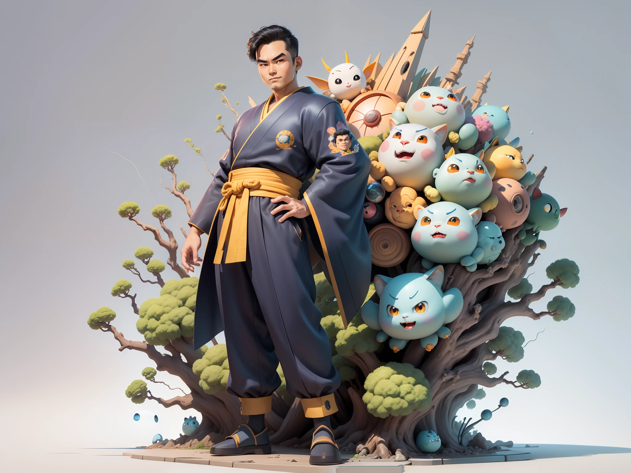 (Masterpiece), (Excellent), (Super Meticulous), (Full Body: 1.2), Super Young Man, Oriental Face, Japanese Kimono, Japanese Wind Thunder God, Dragon, Tiger, TV Anchor, Bust Portrait Illustration, Alone, Black Suit, Blue Tie, Slightly Chubby Face, Very Clean Face, No Beard, Black Super Short Hair, Black Eyes, Confident Smile, 3c Computer Sub-Products, iPad, iPhone, Digital Painting, 3D Character Design by Akira Toriyama and Mark Claireden and Pixar and Hayao Miyazaki, The illustration is a high-definition illustration in 4K resolution with very detailed facial features and cartoon-style visuals.