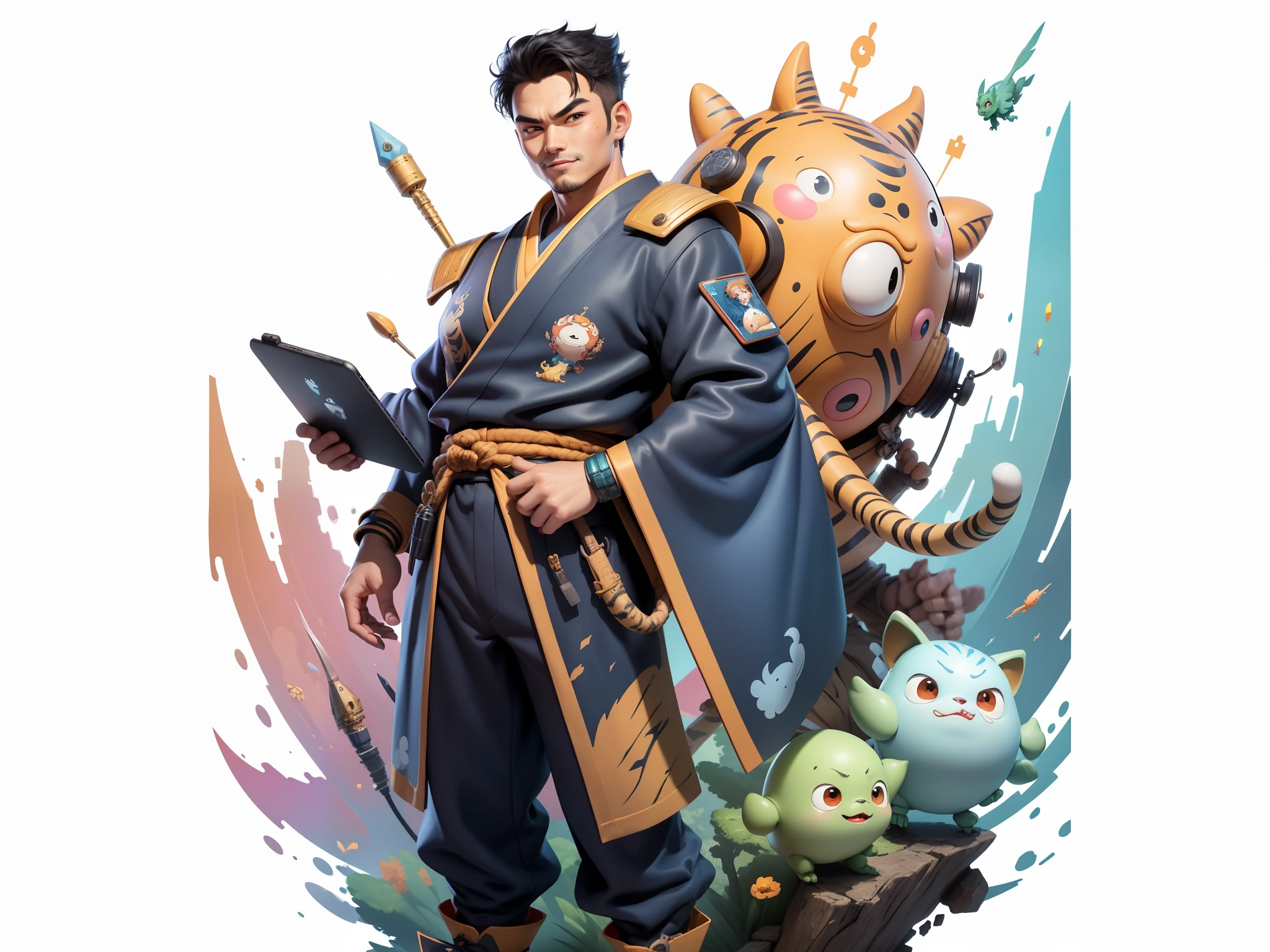 (Masterpiece), (Excellent), (Super Meticulous), (Full Body: 1.2), Super Young Man, Oriental Face, Japanese Kimono, Japanese Wind Thunder God, Dragon, Tiger, TV Anchor, Bust Portrait Illustration, Alone, Black Suit, Blue Tie, Slightly Chubby Face, Very Clean Face, No Beard, Black Super Short Hair, Black Eyes, Confident Smile, 3c Computer Sub-Products, iPad, iPhone, Digital Painting, 3D Character Design by Akira Toriyama and Mark Claireden and Pixar and Hayao Miyazaki, The illustration is a high-definition illustration in 4K resolution with very detailed facial features and cartoon-style visuals.
