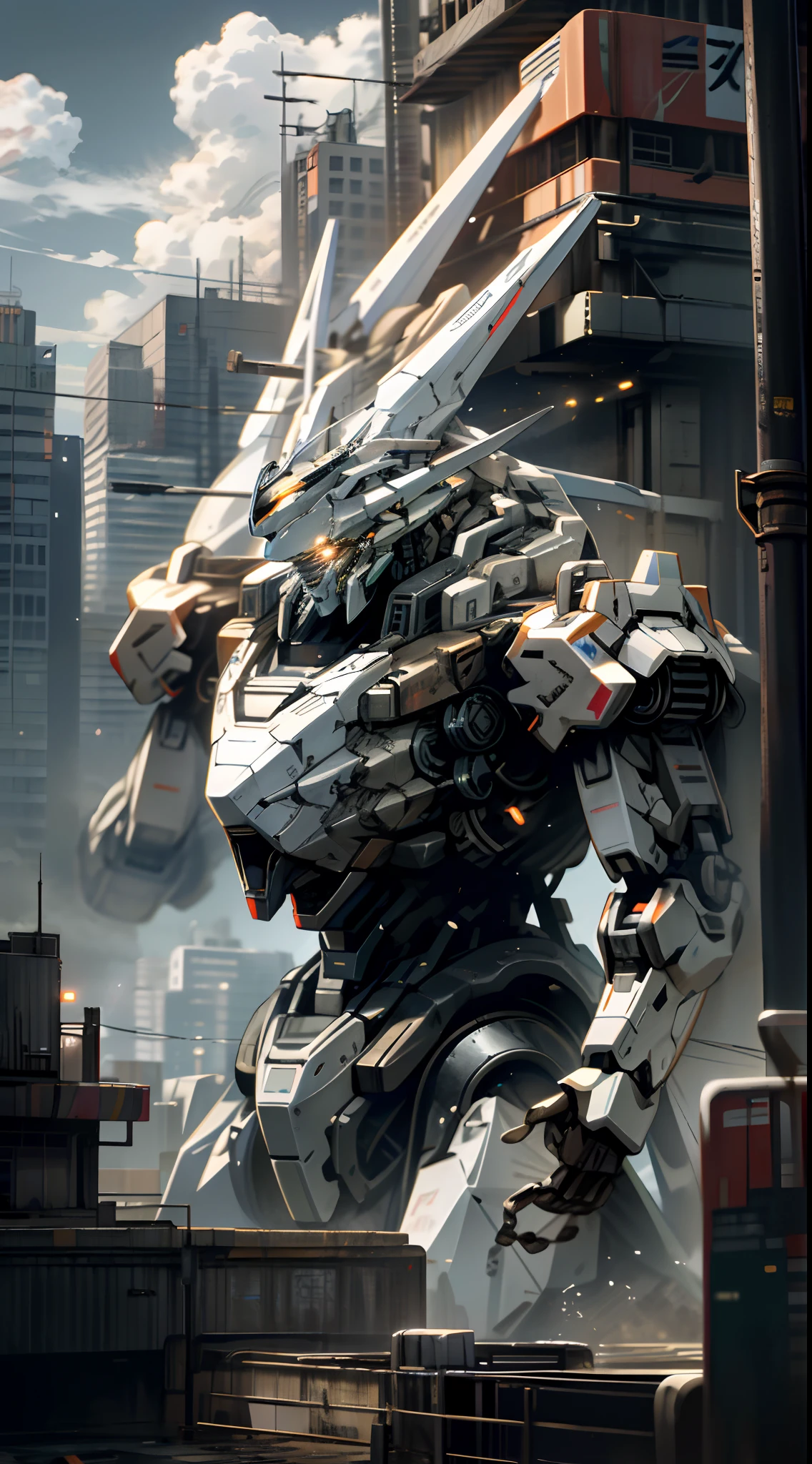 sky, cloud, holding_weapon, no_humans, glowing, , robot, building, glowing_eyes, mecha, science_fiction, city, realistic,mecha