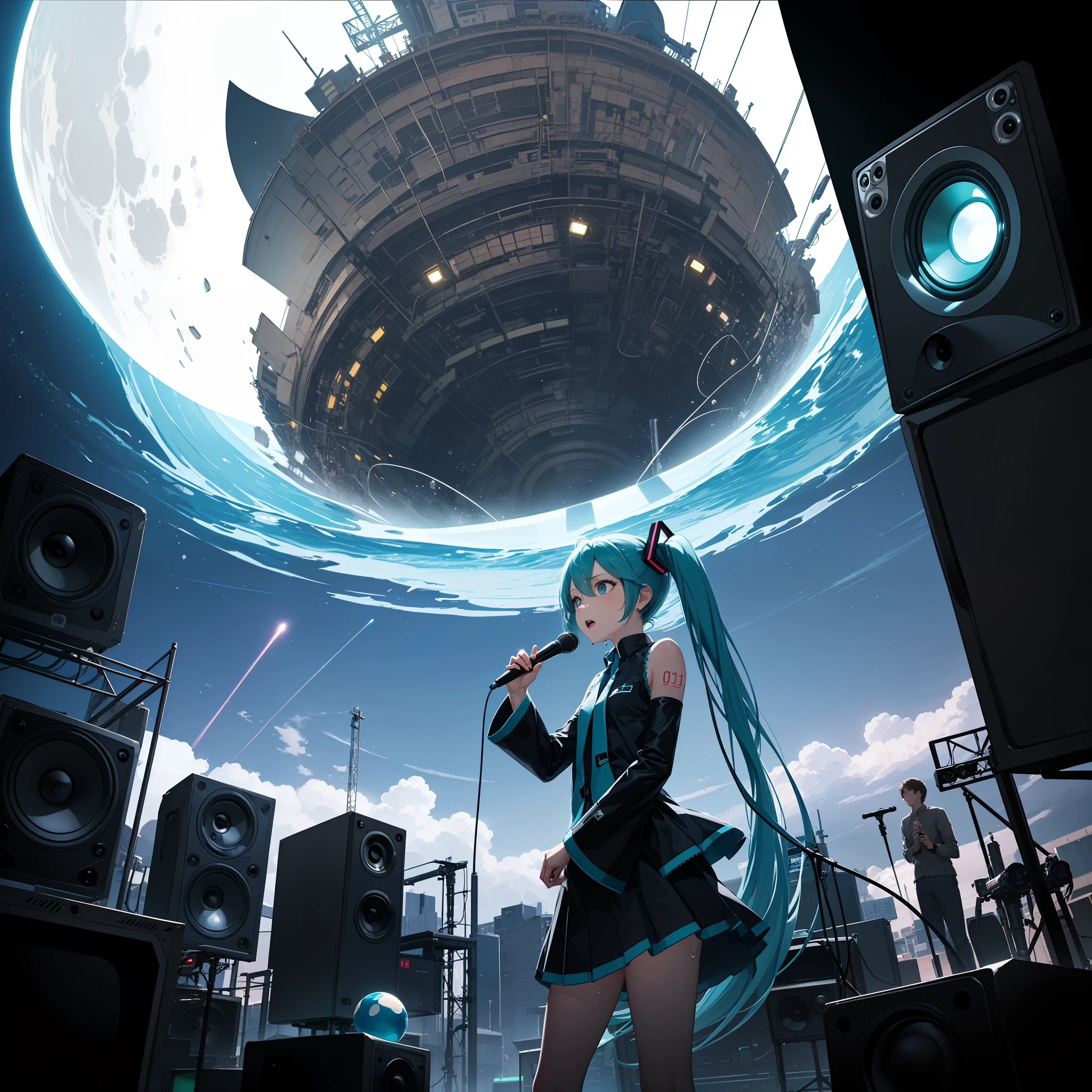 {{Masterpiece}},(Hatsune Miku,Cowboy shot,Sing with microphone in hand,Outdoor,Stand on the concert stage,Focus the spotlight,in the baroque architecture,Sunlight,Cyberpunk outdoor stage(Multimedia speakers+Intelligent audio components+neonlight),Suspended small spherical robot:1.45),Excellent professional portrait of super cute kawaii beautiful japanese anime 1 girl in delicate embroidery dress，Flowing frills and beautiful lace as well as many jewelry accessories, Nice face，pulsating,wave,A girl,Cowboy shot,(Wet pleats sheer clothes),Earth's surface,Polar regions,canyons,Gaseous nebula,mirage,wonderland,Light particles,double tails,Short hair,Messy hair,Milky Way,Moon,Starry sky,Starcloud,black hole,Tornado,vortex,Night,Night sky,planetes,Reflection,Ripples,meteors,sky,skylines,skyscraper,nevando,Sunlight,Cloud,steams,Best light,full light,