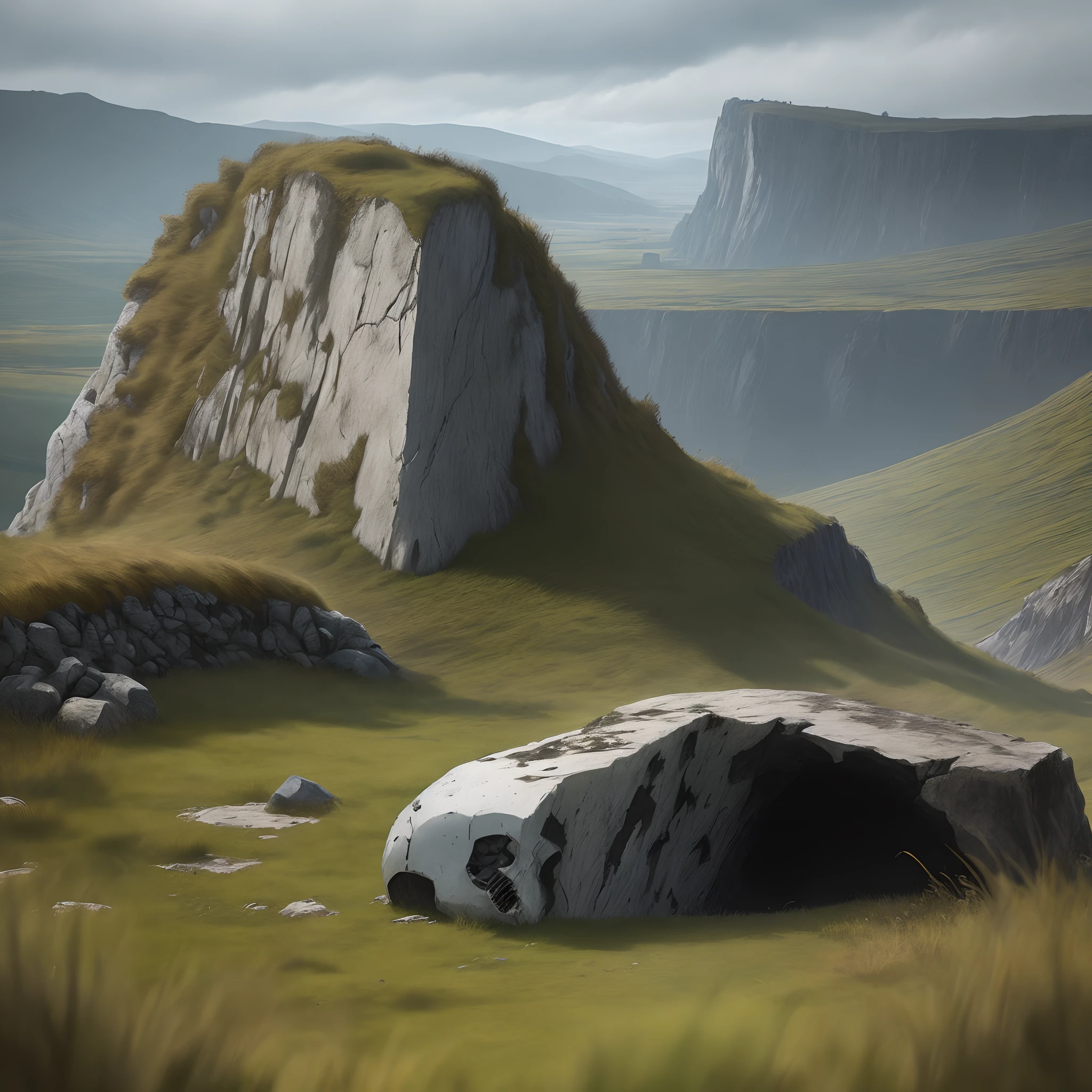 Bodies are strewn across the field,blood vess,Remains of a cliff wall,His face turned pale