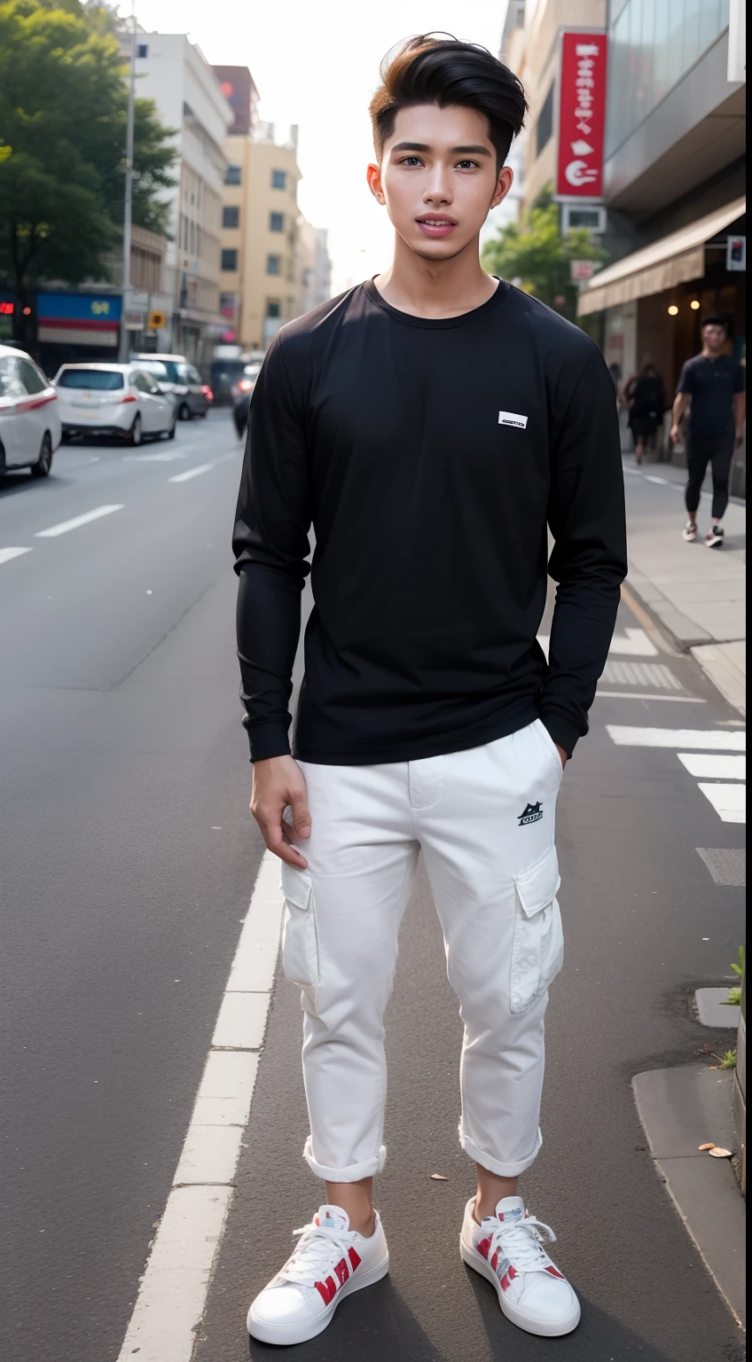 Malay teen boy (fattah amin:1.2) age 23 years old wearing oversized shirt and cargo pants standing in the busy street, skinny boy, short, handsome, small muscle, dark skin, detail skin texture, realistic skin, white sneakers,