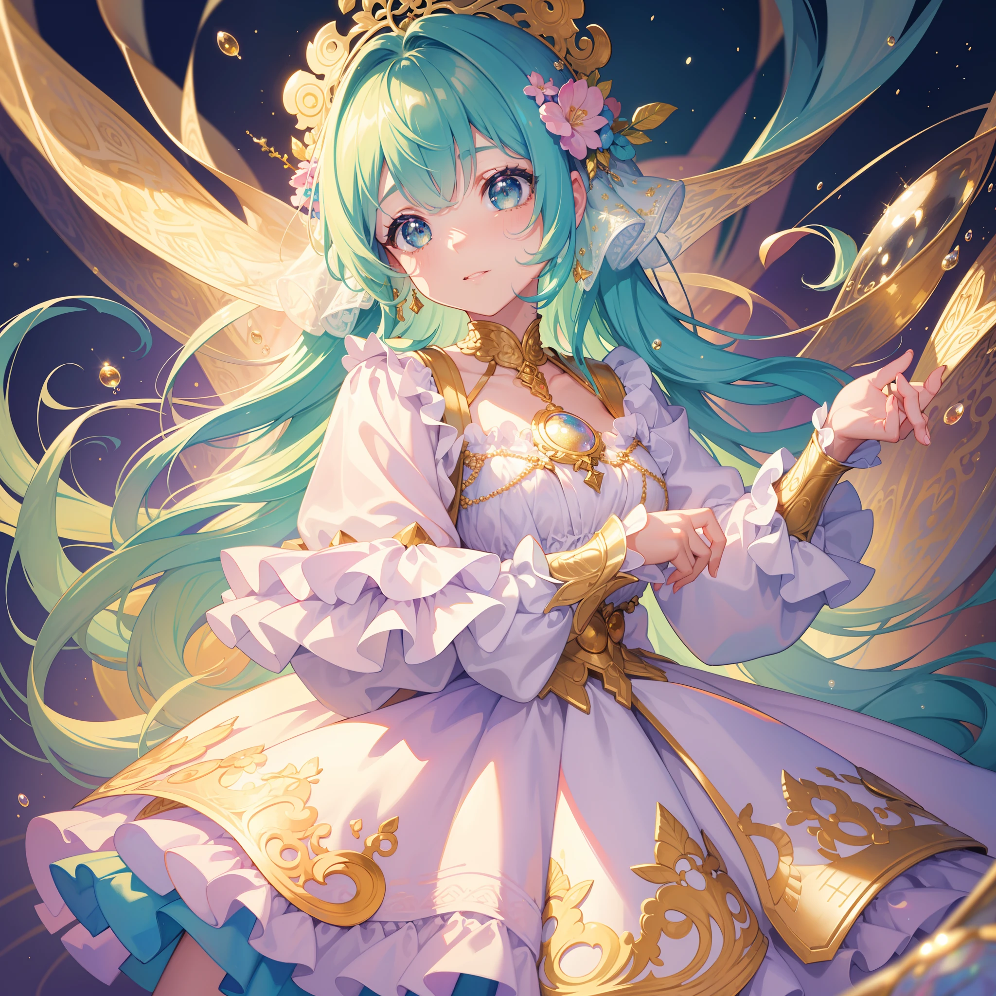 masterpiece, best quality, 8k resolution, sharp focus, intricate detail, beautiful girl, sparkling eyes, golden ratio face, otherworldly liquid, watercolor, pastel colors, bright colors, whimsical, colorful, sharp focus, high resolution, fine detail, ((layered tiered puffy long sleeves ballgown)), ((round eyes)), iridescent bubbles, fantasia background