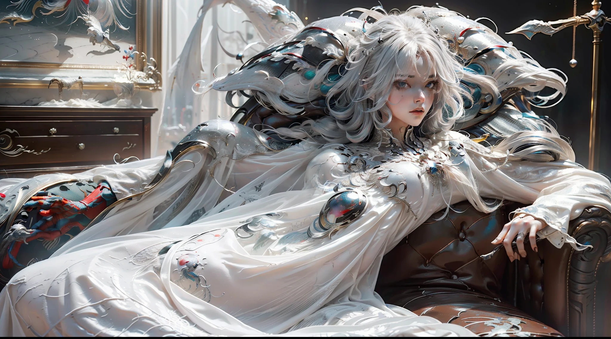 (Extreme Detail CG Unity 8K wallpaper、​masterpiece、top-quality)、(exquisite lighting and shadow、highly dramatic picture、cinematic lens effects)、Girl in white armor、Silver-gray hair color、Spider-Man Parallel Universes、Wenger、Marvel、spider-man、sitting in the couch、Dynamic poses)、(excellent details、outstanding lighting、wide angles)、(Excellent rendering、Enough to stand out in its class)、 White Spider-Man costume、Focus on complex spider textures