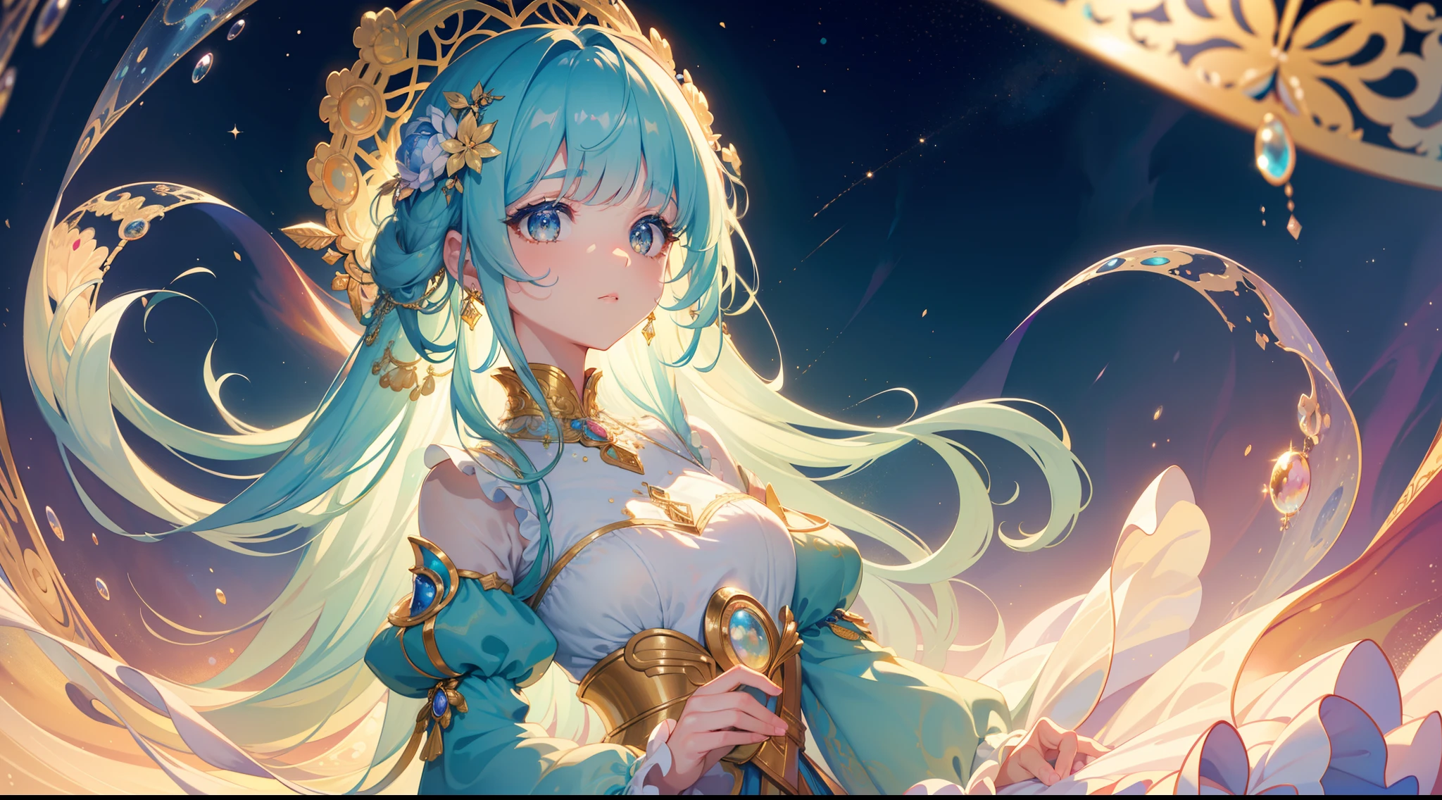 masterpiece, best quality, 8k resolution, sharp focus, intricate detail, beautiful girl, sparkling eyes, golden ratio face, otherworldly liquid, watercolor, pastel colors, bright colors, whimsical, colorful, sharp focus, high resolution, fine detail, ((layered tiered puffy long sleeves ballgown)), ((round eyes)), iridescent bubbles, fantasia background