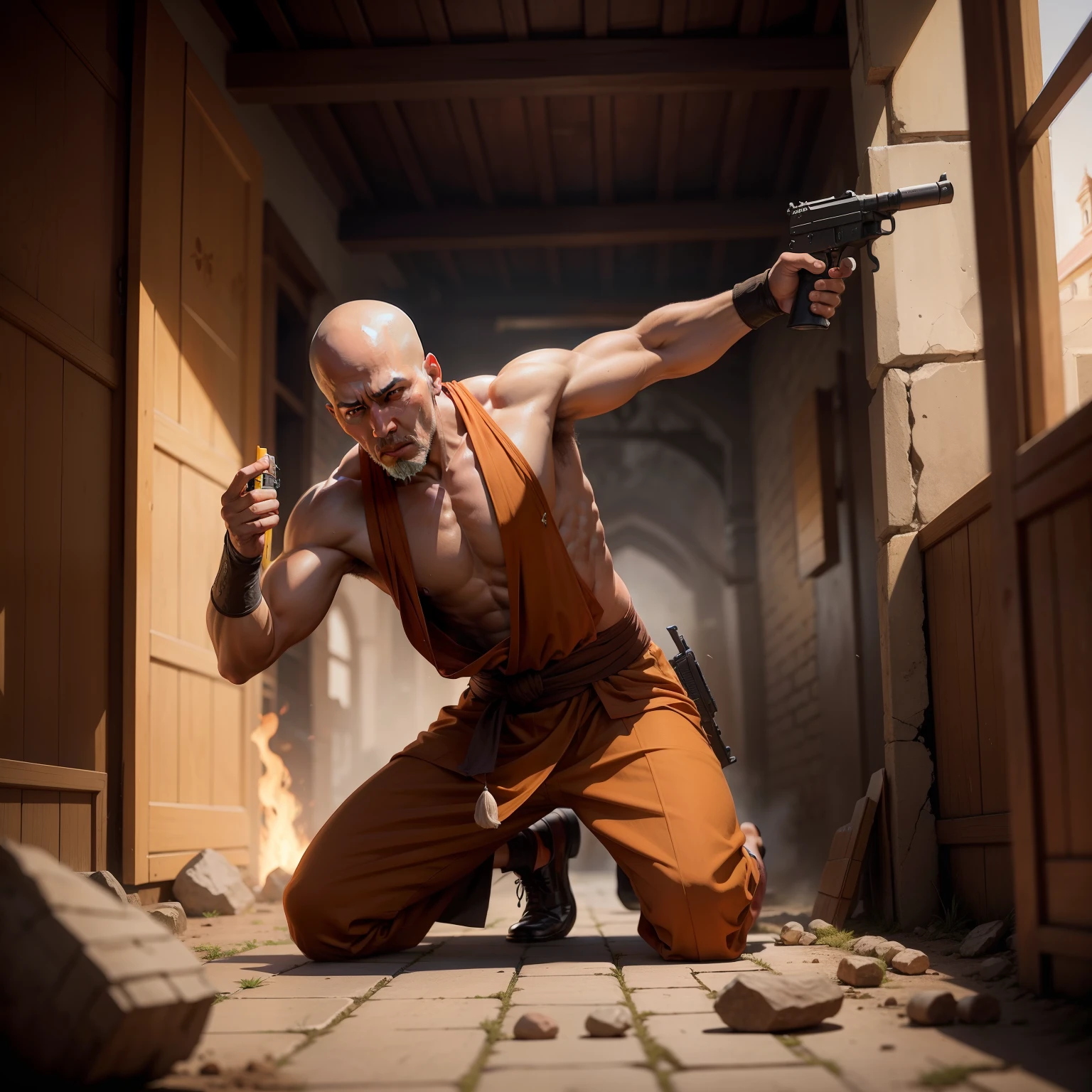 The monk opened fire with a gun
