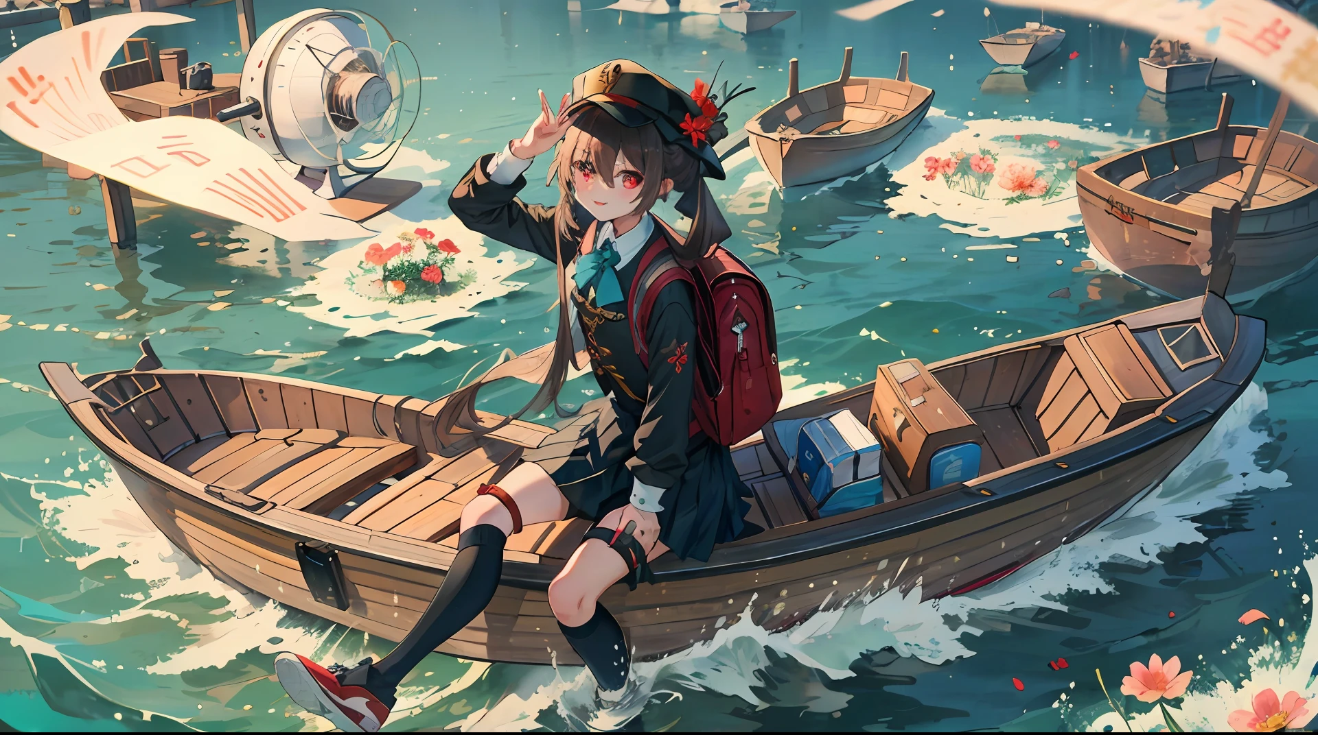 torino aqua, 1girl, ahoge, alternate costume, backpack, bag, bangs, bicycle, blush, boat, bow, bowtie, brown hair, building, electric fan, flower, genshin impact, ghost, ground vehicle, hair between eyes, hand fan, hat, highres, holding, holding fan, hu tao (genshin impact), jewelry, lake, long hair, looking at viewer, nail polish, red eyes, revision, school uniform, shirt, shoes, skirt, smile, solo, symbol-shaped pupils, thigh strap, torino aqua, twintails, watercraft,