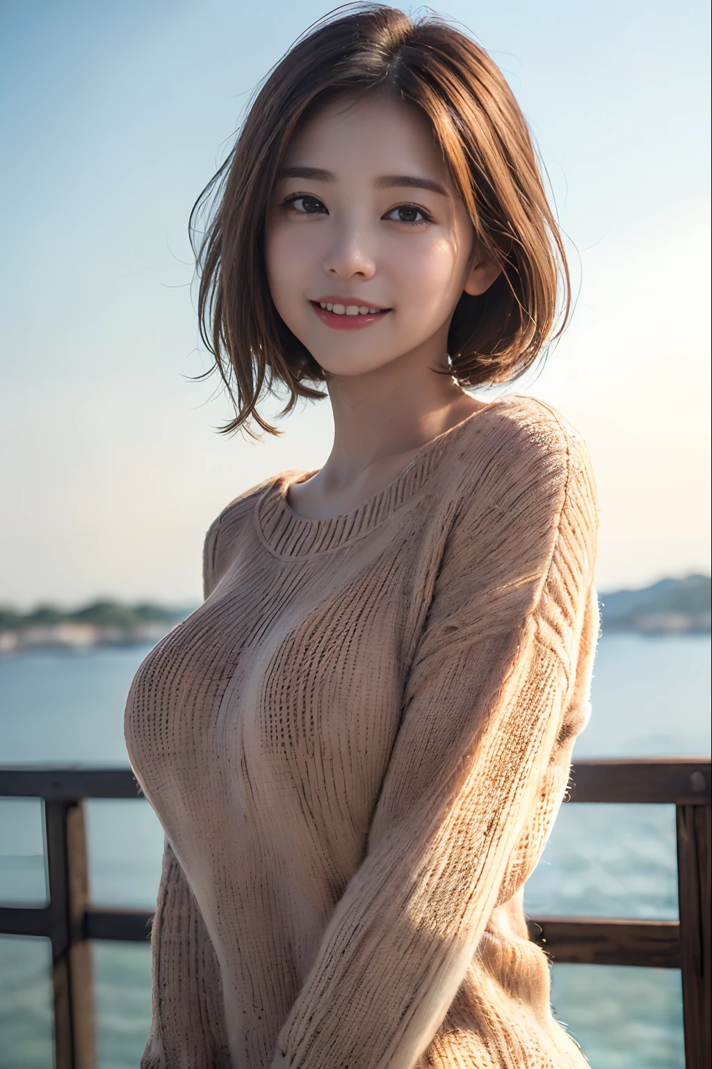 randome pose、top-quality、超A high resolution、(Raw photography、top-quality、masterpiece、realisitic、Photorealsitic:1.7)、1人、Peach-colored sweater、(Brown hair:1.2)、(huge-breasted:1.2)、Horizon、looking at viewert、Gently smiling face