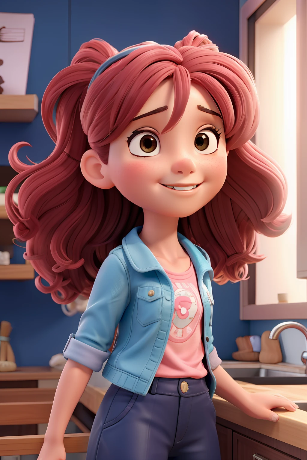 Menina exploradora,, alegre, cabelos amarrados, assustada, cabelos rosa