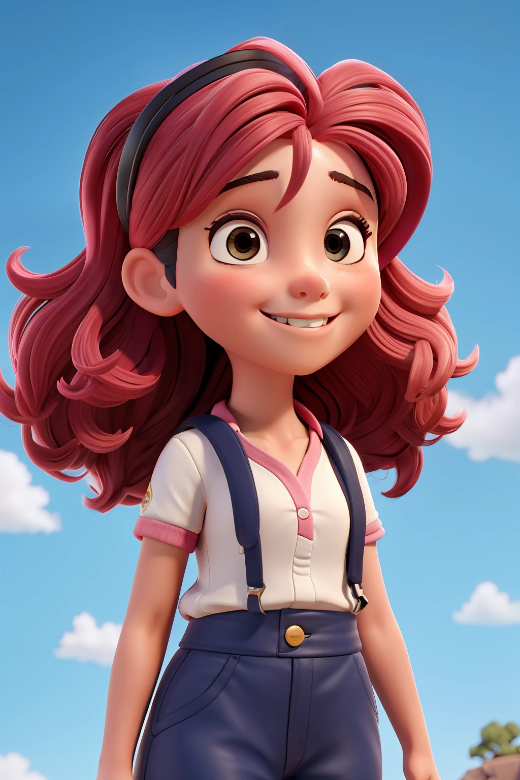 Menina exploradora,, alegre, cabelos amarrados, assustada, cabelos rosa