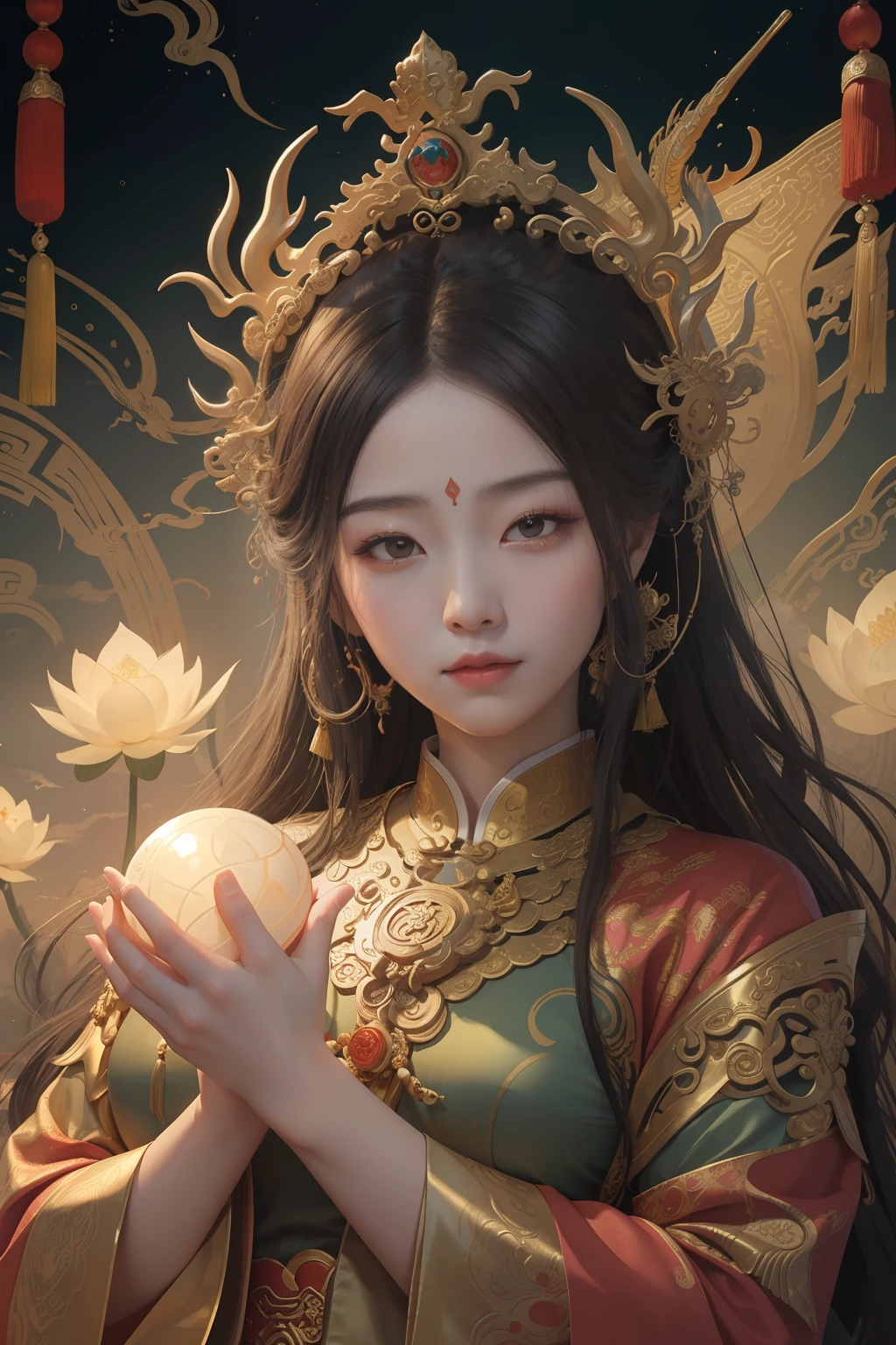 an ancient Chinese goddess, guanyin of the southern seas, Guanyin, Inspired by China, Avalokiteshvara rides a dragon,,Serene expression,shui mo hua,Buddha,Buddhist,Lotus,Chinese painting style,Thangka style