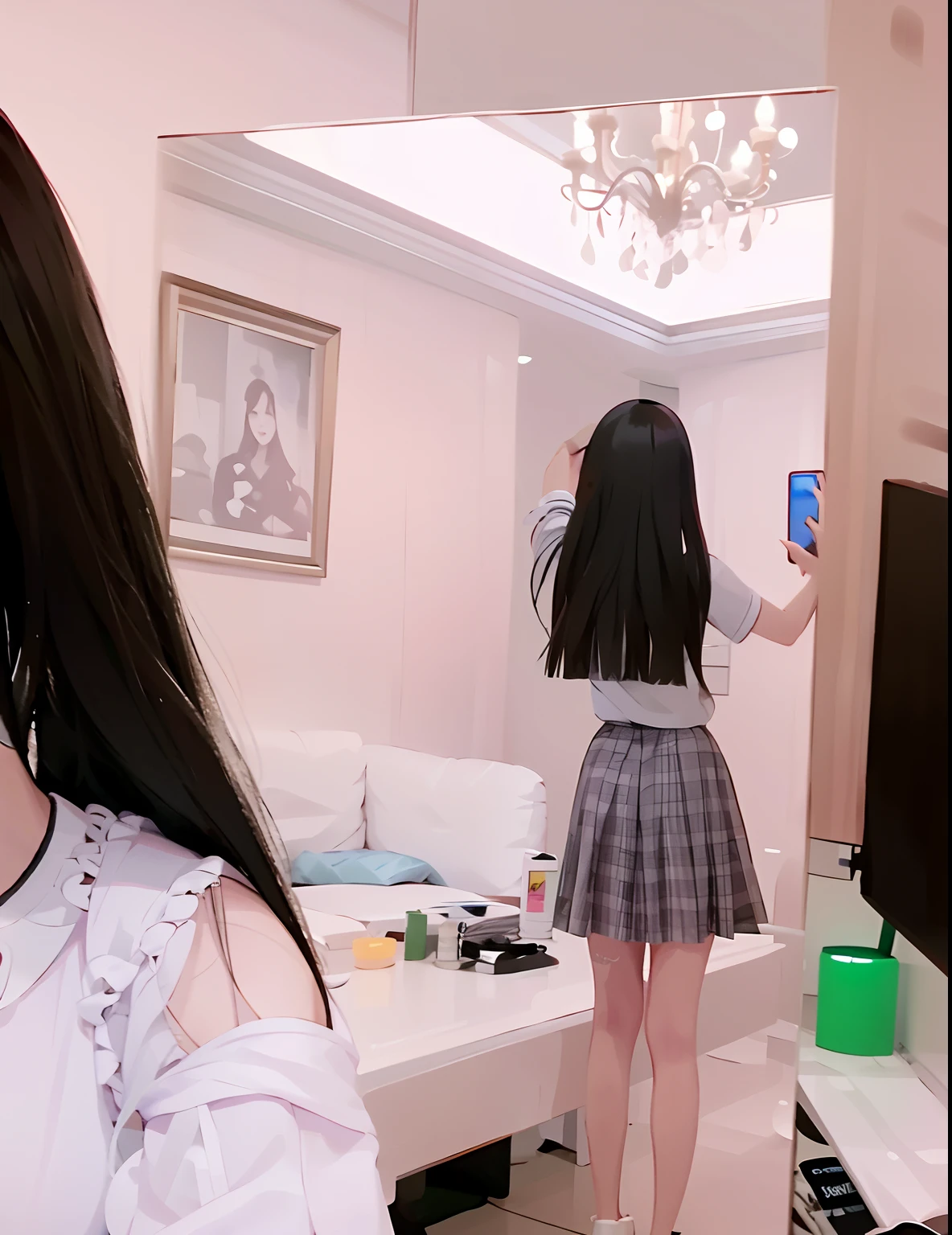there is a woman that is standing in front of a mirror, With long hair, girl with super long hair, long hair girl, Extremely long hair, Her hair is long and straight, waist long hair, 8k selfie photograph, the woman has long dark hair, with long dark hair, verylonghair, Very long hair, long whitr hair,Thick bangs,on back,Mobile selfie