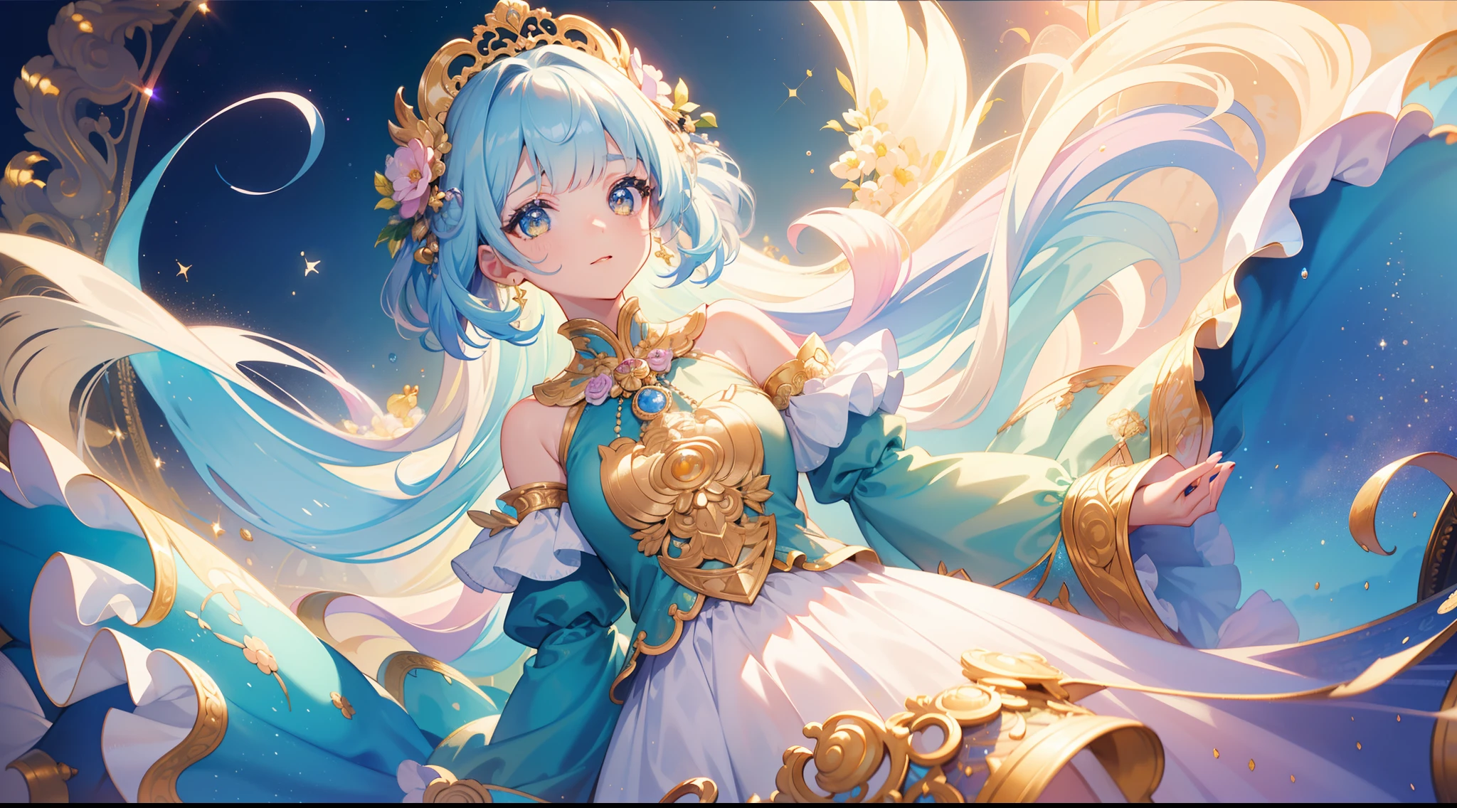 masterpiece, best quality, 8k resolution, sharp focus, intricate detail, beautiful girl, sparkling eyes, golden ratio face, otherworldly liquid, watercolor, pastel colors, bright colors, whimsical, colorful, sharp focus, high resolution, fine detail, ((layered tiered puffy long sleeves ballgown)), ((round eyes)), iridescent bubbles, fantasia background
