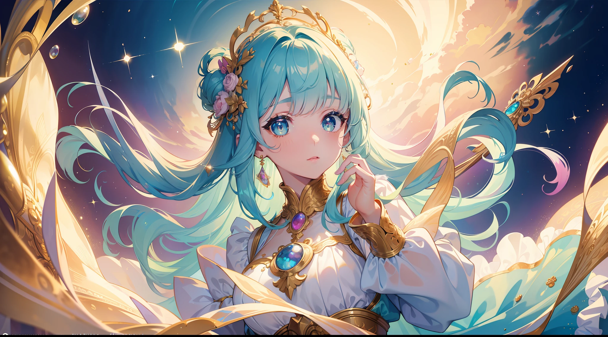 masterpiece, best quality, 8k resolution, sharp focus, intricate detail, beautiful girl, sparkling eyes, golden ratio face, otherworldly liquid, watercolor, pastel colors, bright colors, whimsical, colorful, sharp focus, high resolution, fine detail, ((layered tiered puffy long sleeves ballgown)), ((round eyes)), iridescent bubbles, fantasia background