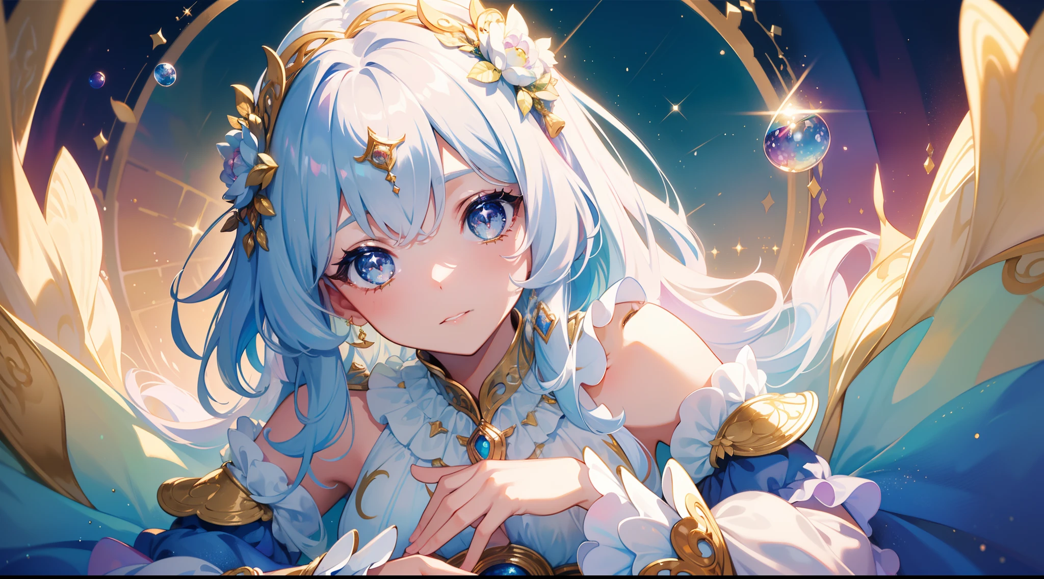 masterpiece, best quality, 8k resolution, sharp focus, intricate detail, beautiful girl, sparkling eyes, golden ratio face, otherworldly liquid, watercolor, pastel colors, bright colors, whimsical, colorful, sharp focus, high resolution, fine detail, ((layered tiered puffy long sleeves ballgown)), ((round eyes)), iridescent bubbles, fantasia background