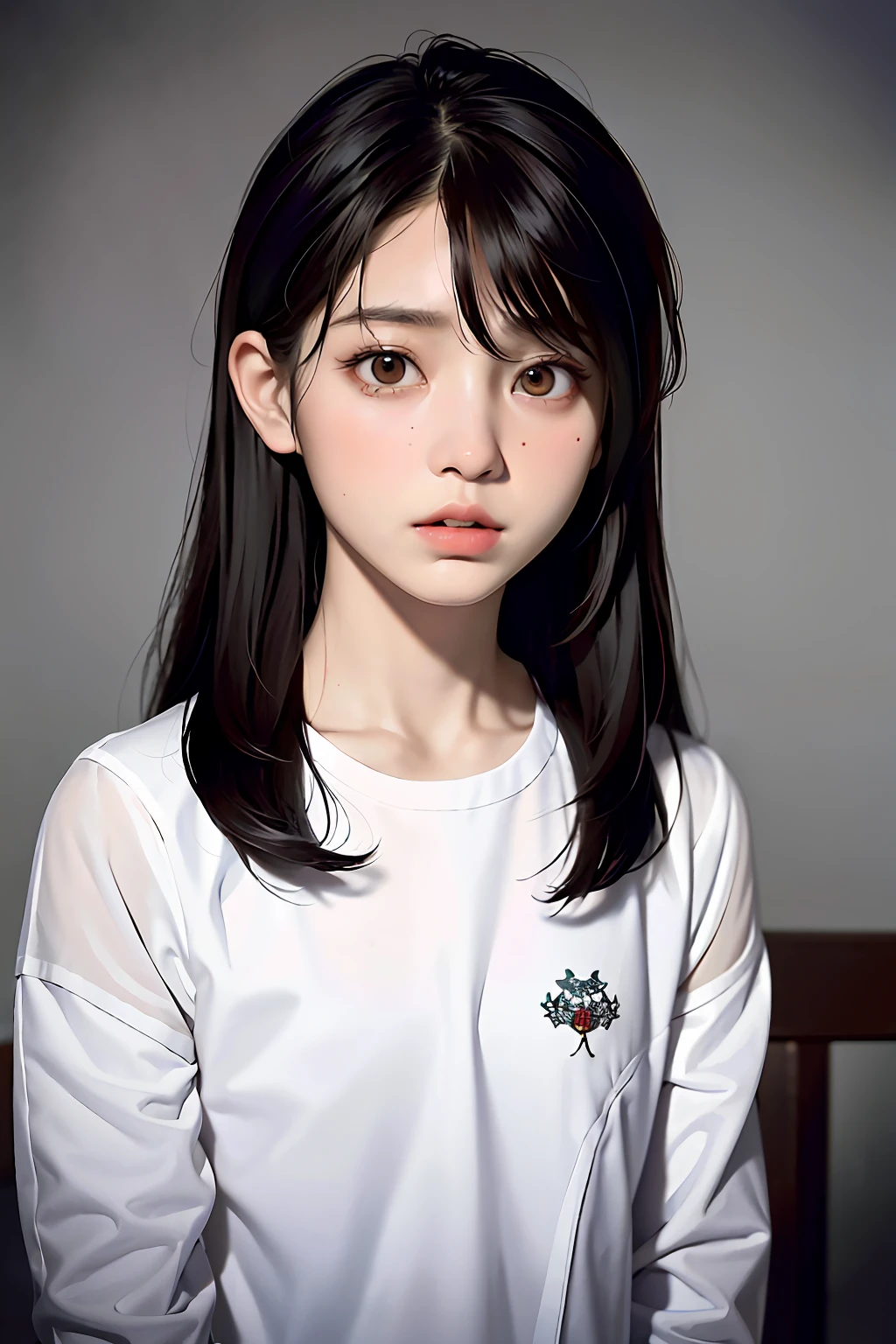 tmasterpiece，best qualtiy，（Dark photograph：1.3），realisticlying，1boy，Flat bangs，stunning innocent symmetry face，The shirt，Emotional，ulzzangs，（PureErosFace_V1：0.7）,Libido boy