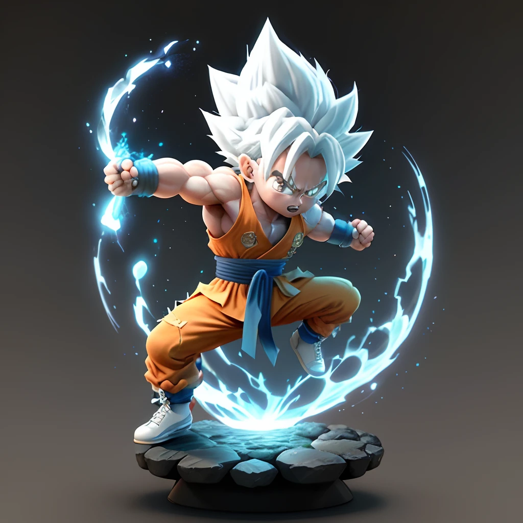 Goku, super saiyan, exquisite hair, arm depiction, white and blue hair body, exquisite shoes, eye depiction, exquisite hair, popmart blind box, clay texture, stepping on the land, black and white background, natural lighting, most good quality, super detail, 3D art, c4d, OC renderer, 3D rendering, 8k