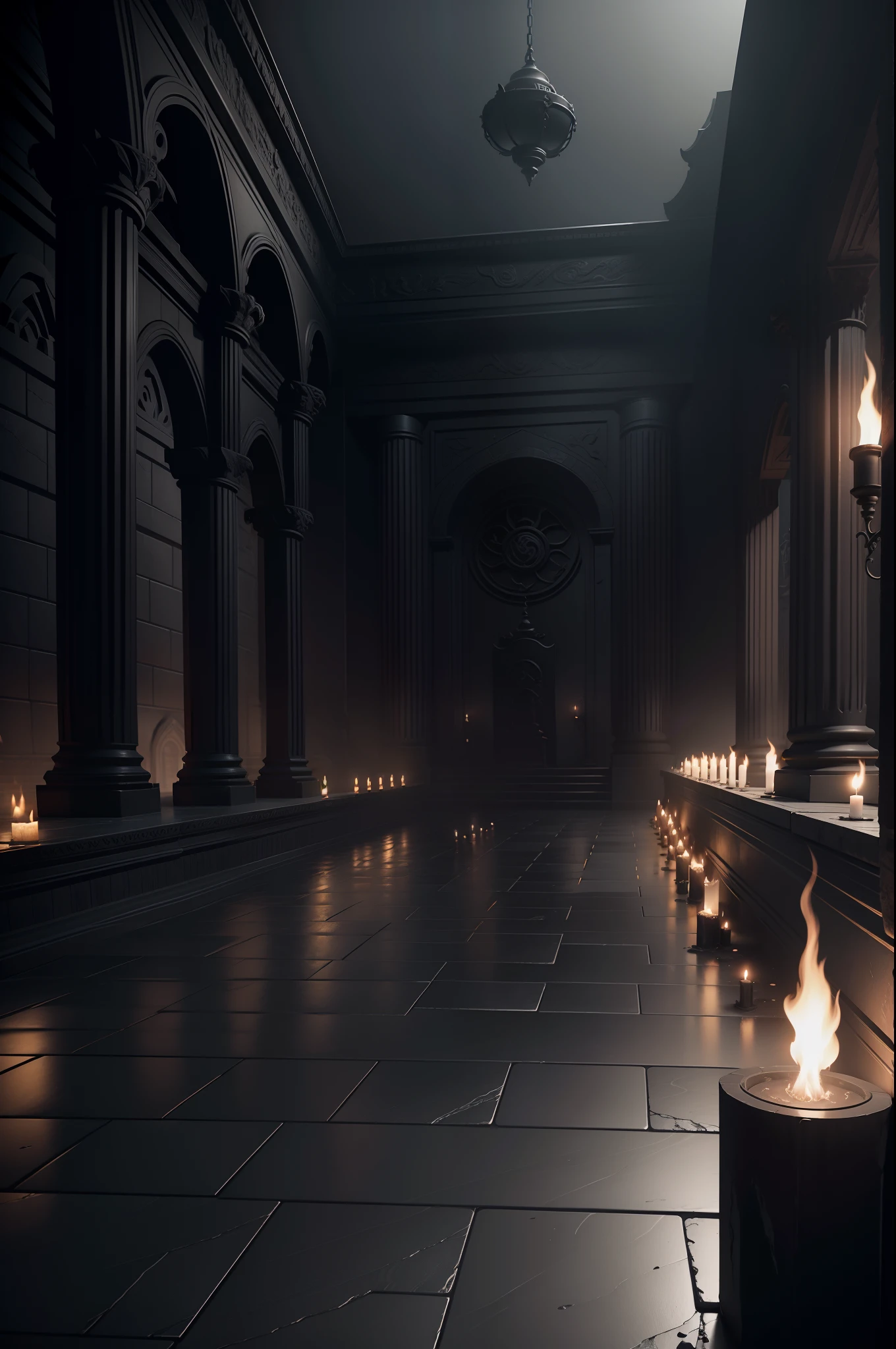 dark themes，goth style，Inside the Temple，Very many torches，Dark style，immensity，Slate floor，Unreal Engine 5，Complex light，cold shades